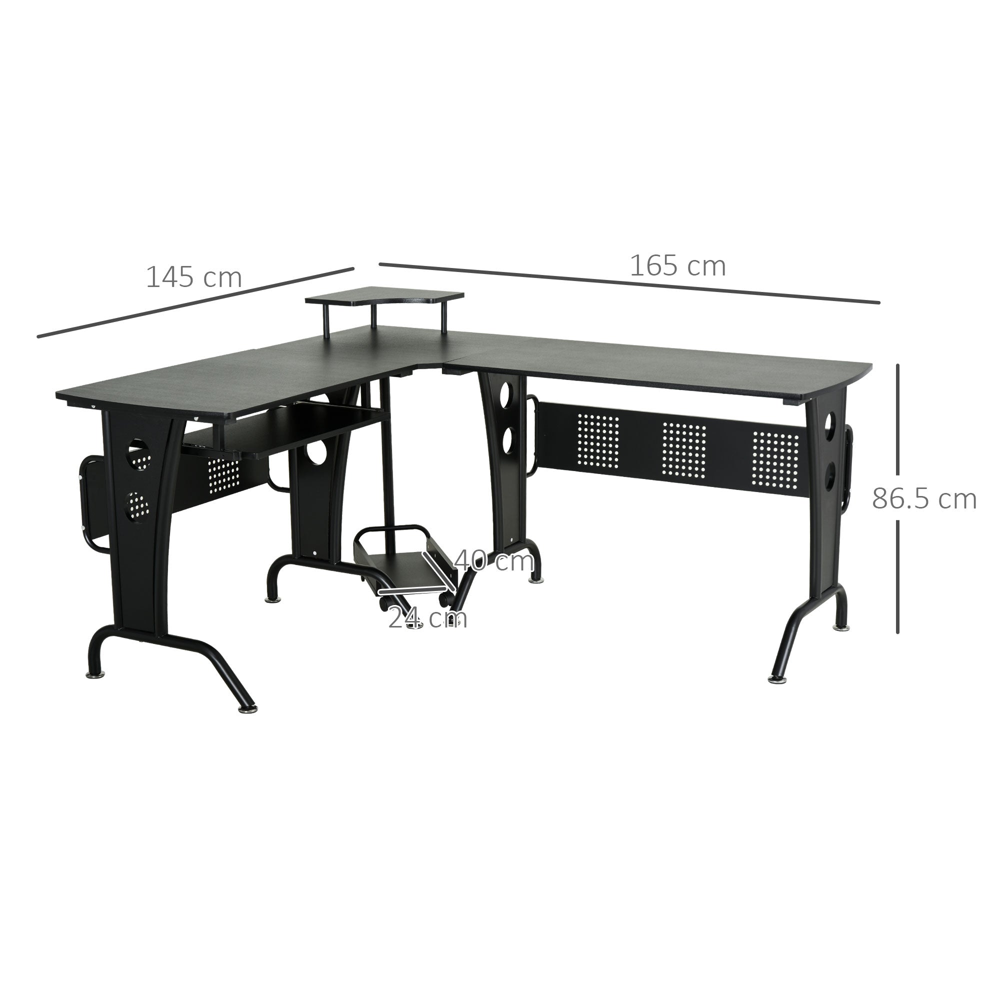 HOMCOM L-Shaped Corner Desk, Gaming Desk with CPU Rack, Keyboard Tray, Space-Saving Computer Desk with Steel Frame for Home Office,165 x 145 x 86.5cm, Black - North Peak Garden Furniture