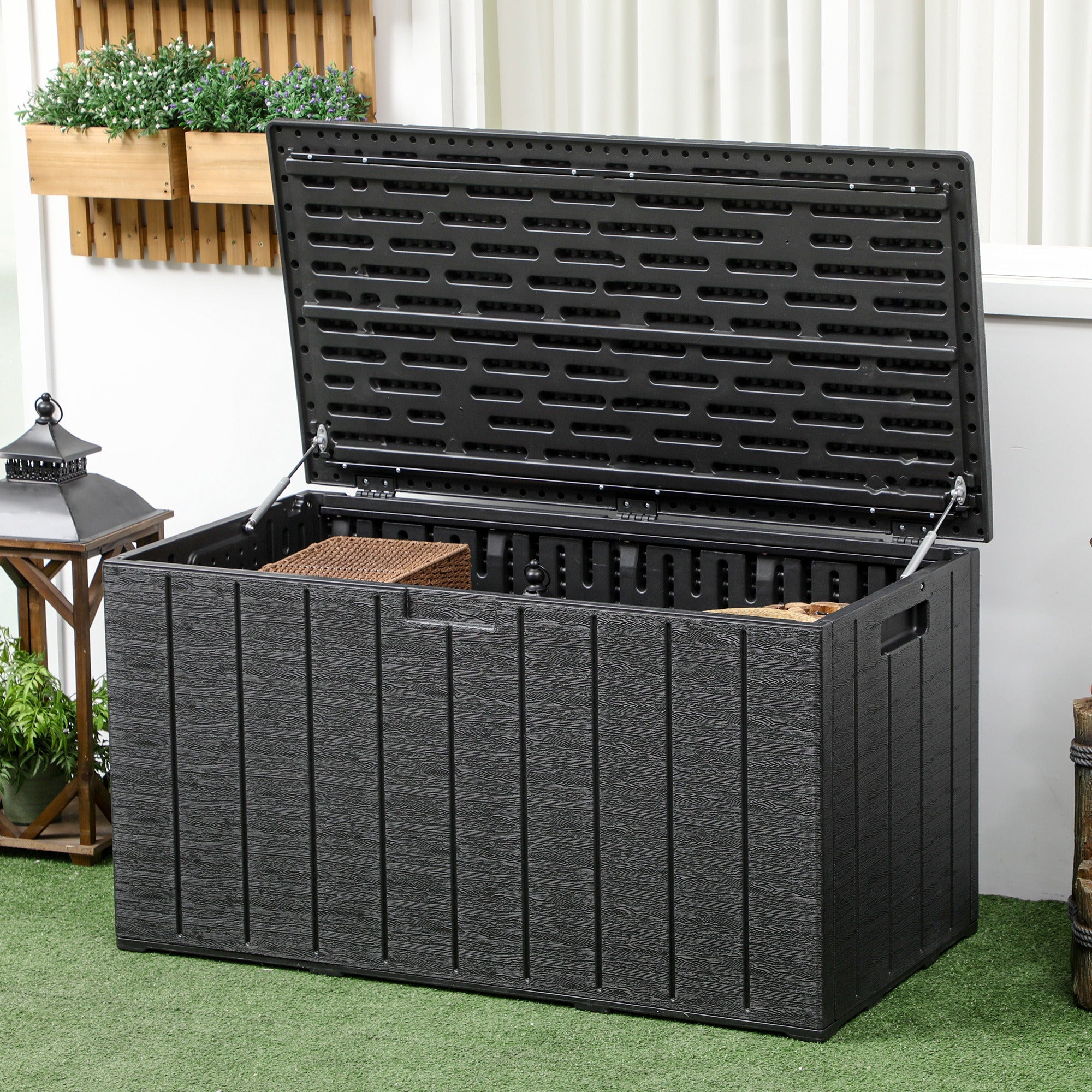 Outsunny 336 Litre Extra Large Outdoor Garden Storage Box, Water-resistant Heavy Duty Double Wall Plastic Container, Garden Furniture Organizer, Deck Cushion Chest with Wheels and Handles, Black - North Peak Garden Furniture