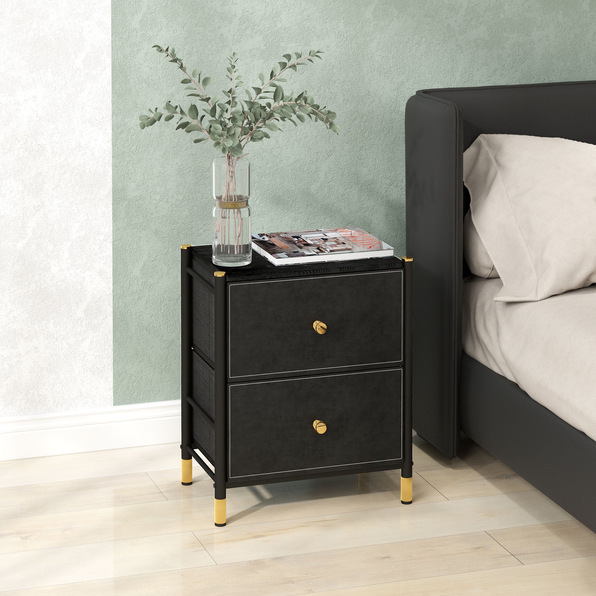 HOMCOM Faux Leather Bedside Table - Black - North Peak Garden Furniture