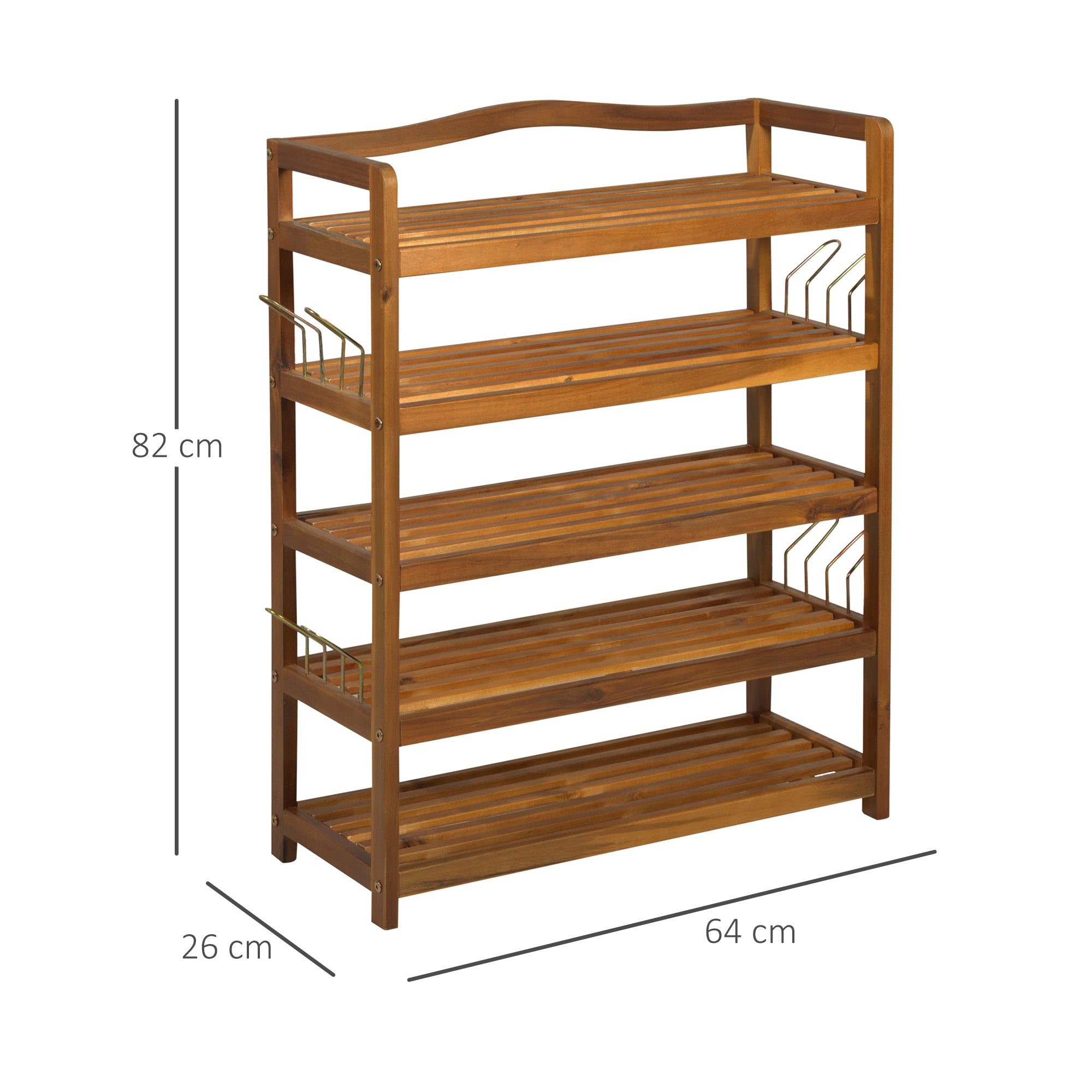 HOMCOM 5-Tier Shoe Rack, Acacia Wooden Shoe Storage Organiser with Hangers, Holds up to 24 Pairs, for Entryway, Living Room, 64 x 26 x 82 cm, Teak - North Peak Garden Furniture