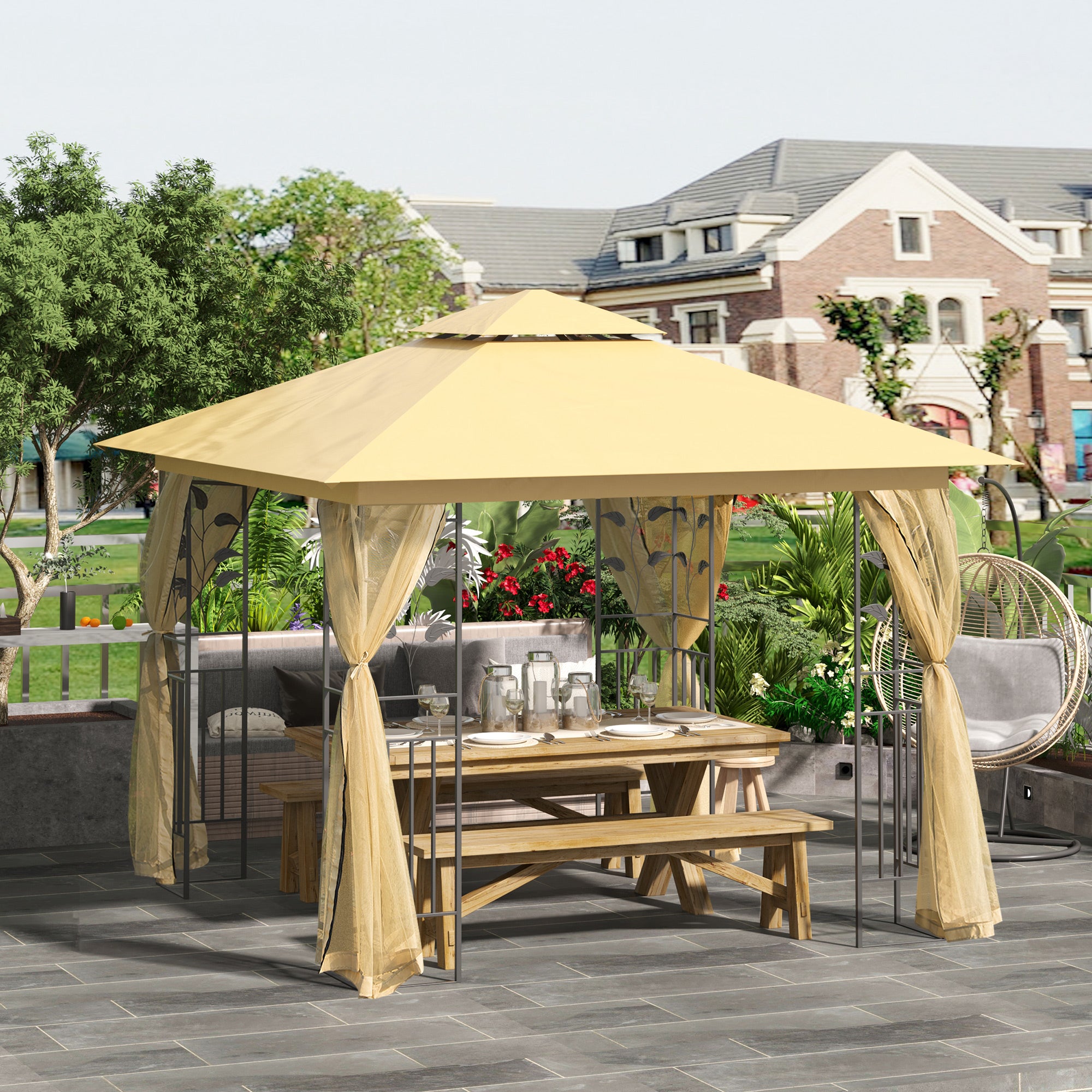 Outsunny 3x3 m Double Top Gazebo-Beige