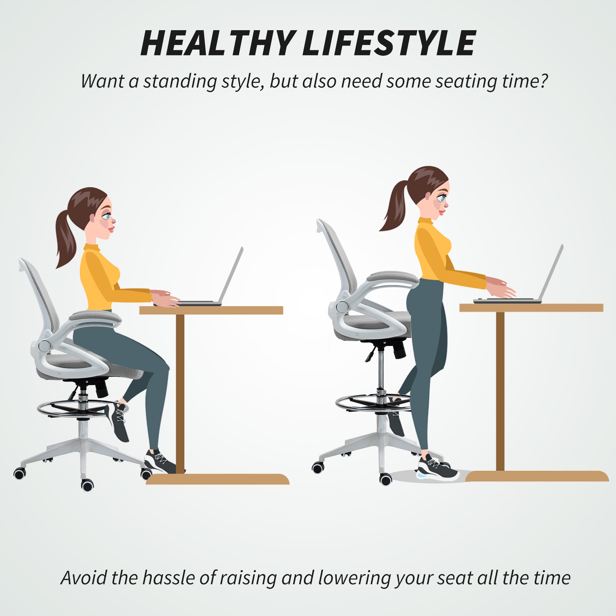 Vinsetto Drafting Chair with Flip-up Armrest, Mesh Office Stool with Foot Ring, 360° Swivel Height Adjustable Chair for Standing Desk, Light Grey - North Peak Garden Furniture