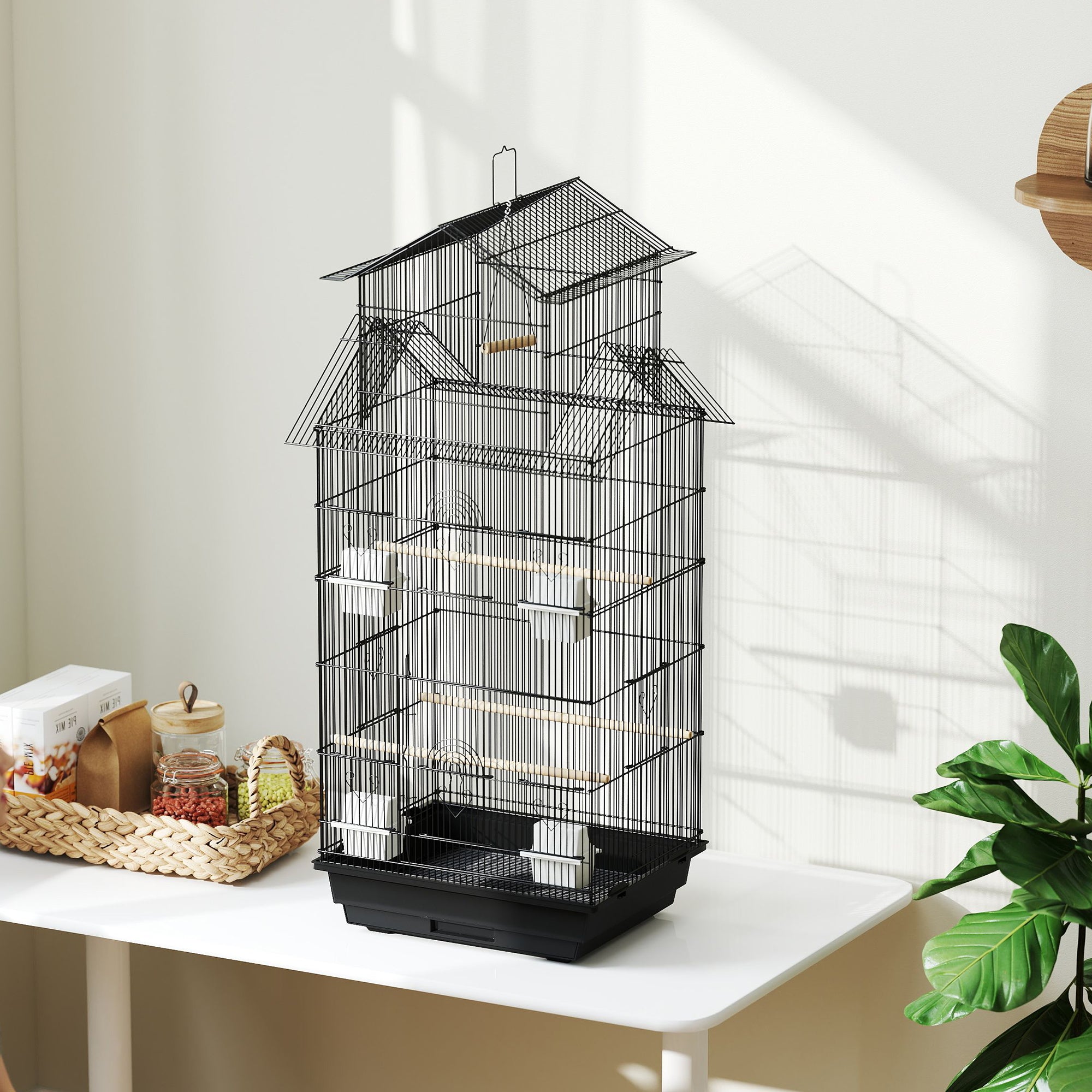 PawHut Metal Bird Cage with Plastic Swing, Perch, Food Container, Tray, Handle, for Finches, Canaries, 43 x 32.5 x 104cm - North Peak Garden Furniture