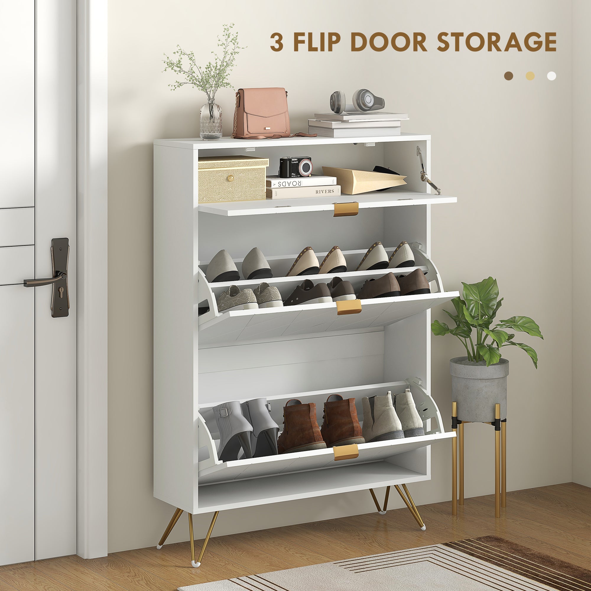 HOMCOM Two Flip Drawer Narrow Shoe Cabinet - White - North Peak Garden Furniture