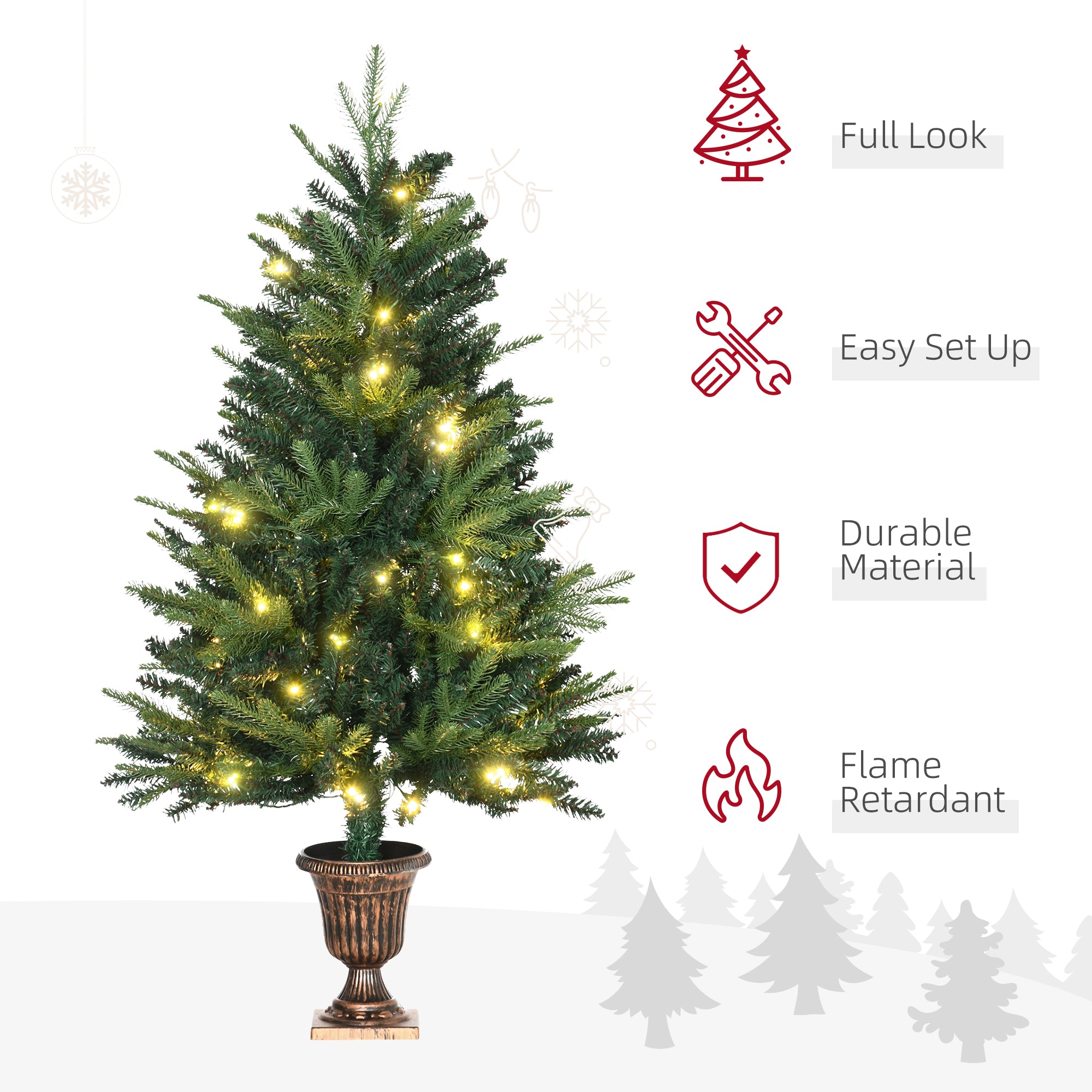 HOMCOM 1.2m 4ft Christmas Tree Entrance Décor 750 Tips Xmas Pre-lit Tree 80 LED with Vase Base - North Peak Garden Furniture