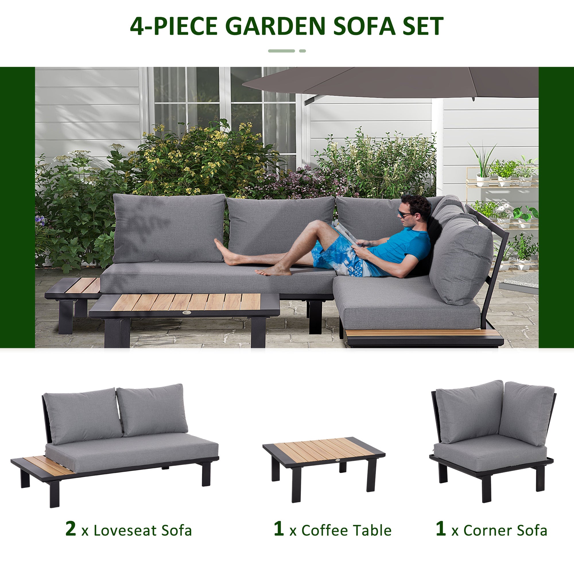 Outsunny 4 Pieces Aluminium Garden Furniture Set L Shape Sofa Set with Tables, Cushions for Indoor, Garden, Patio, Dark Grey - North Peak Garden Furniture