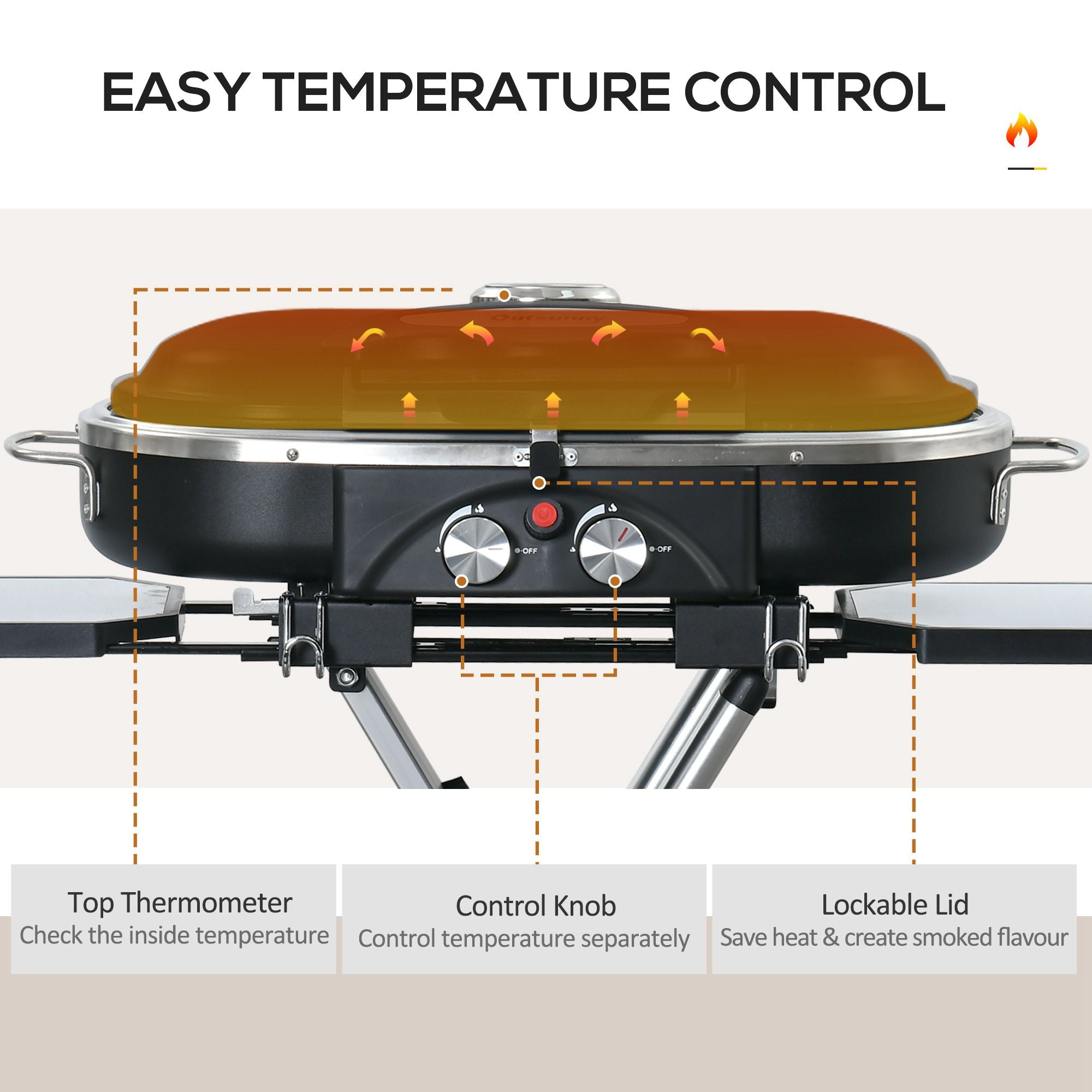 Outsunny Foldable Gas BBQ Grill 2 Burner Garden Barbecue Trolley w/ Lid Side Shelves Storage Pocket Piezo Ignition Thermometer, Aluminium Alloy - North Peak Garden Furniture