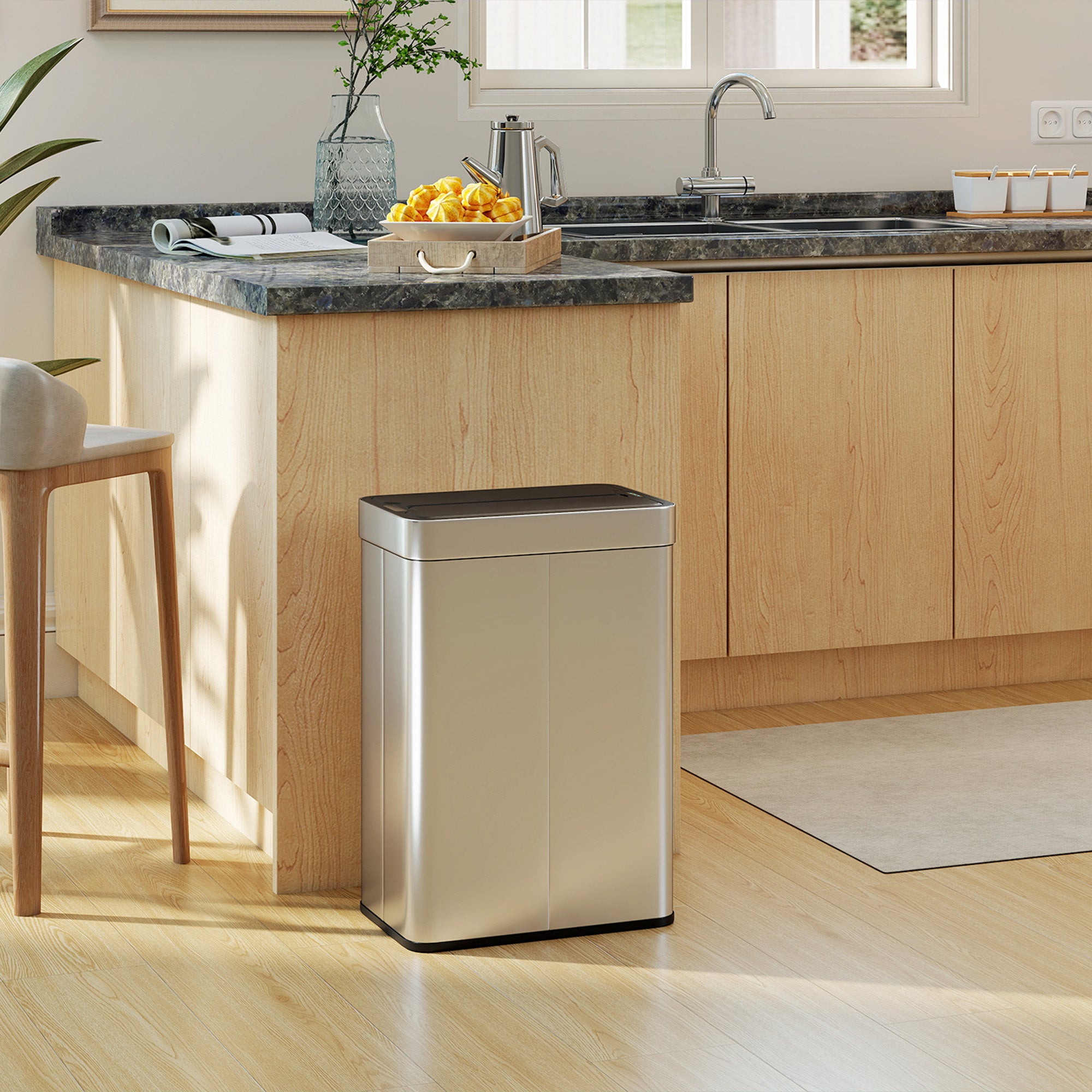 HOMCOM 55L Sensor Bin, Large Automatic Touchless Rubbish Bin with Soft-Close Lid, Silver Tone