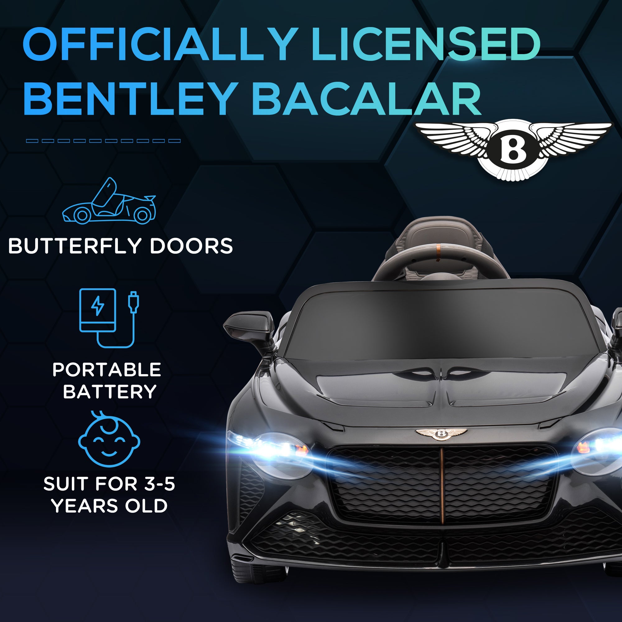 HOMCOM Bentley Bacalar Licensed 12V Kids Electric Car, with Remote Control, Black - North Peak Garden Furniture
