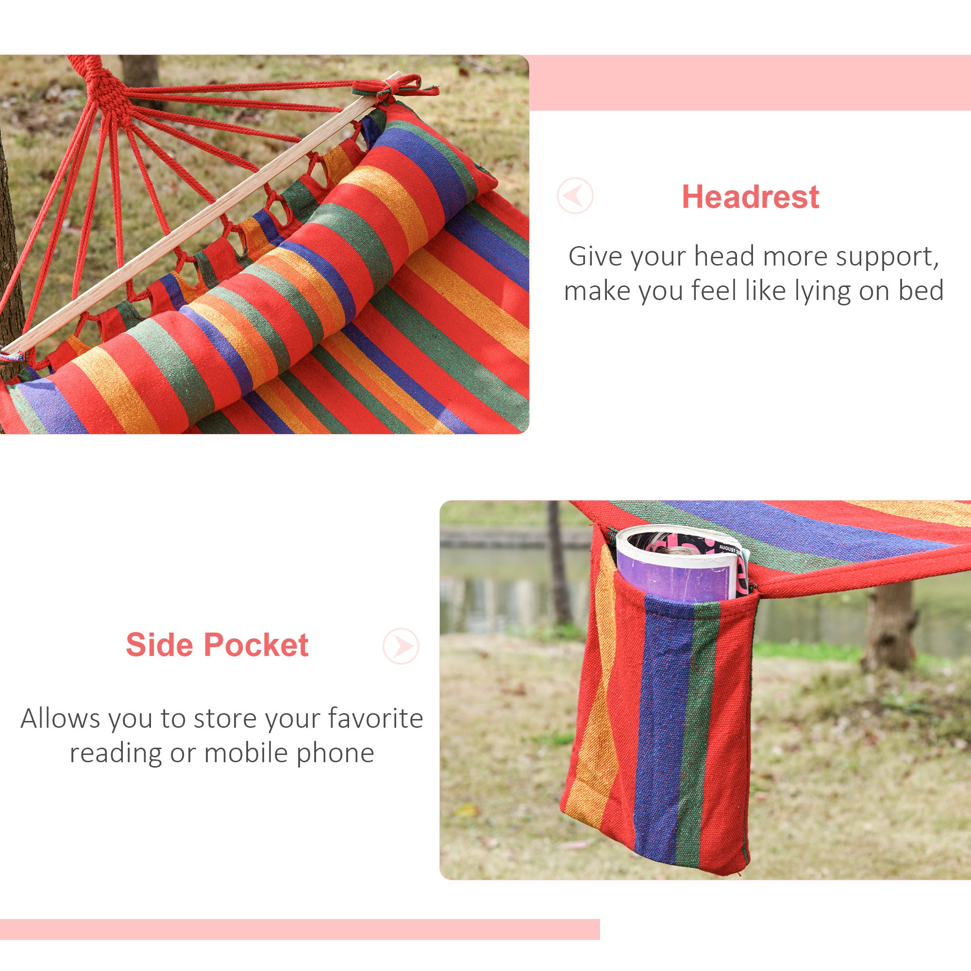Outsunny Cotton Hammock Soft Portable Swing Sleeping w/ Headrest & Side Pocket Deluxe Swing Chair for Beach, Yard, Bedroom, Patio, Porch, Indoor, Outdoor，270 x 80 cm - North Peak Garden Furniture