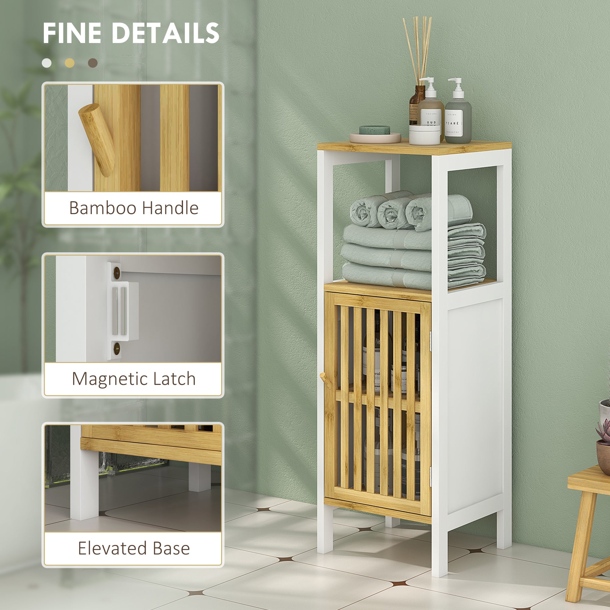 HOMCOM Bamboo-Blend Retro Cut-Out Bathroom Storage Unit, with Cupboard - North Peak Garden Furniture