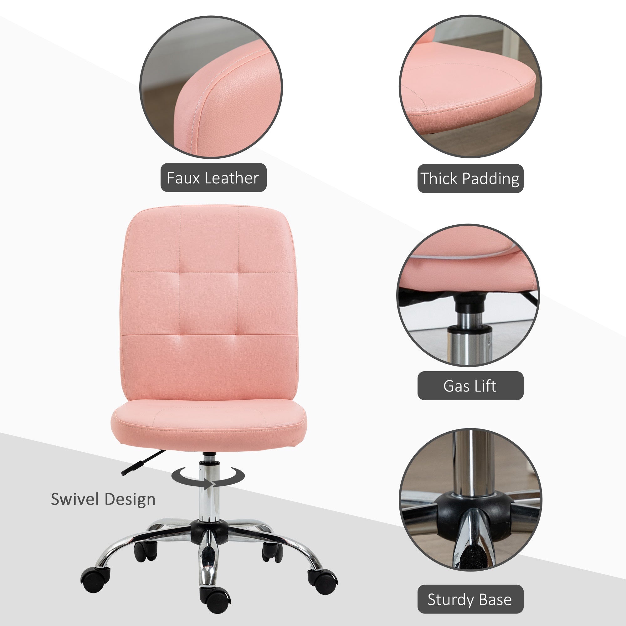 Vinsetto Armless Faux Leather Office Chair - Pink - North Peak Garden Furniture
