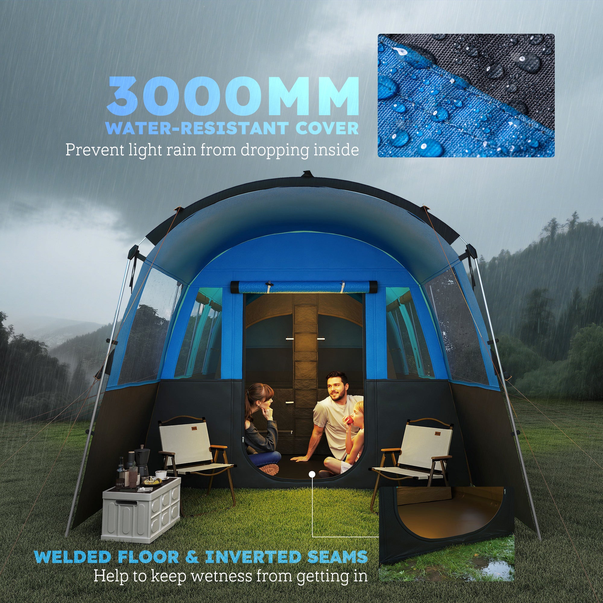 Outsunny 8-Person Camping Tent, Waterproof Family Tent, Tunnel Design, 4 Large Windows, Sleeping Cabins 3000mm Water Column Blue - North Peak Garden Furniture