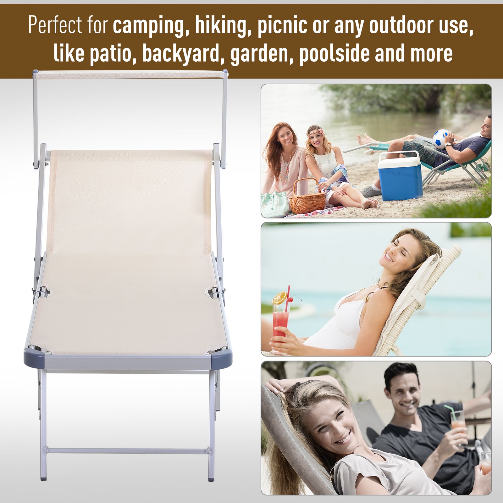 Outsunny Canopied Sun Lounger: Texteline Recliner with Adjustable Backrest, Aluminium Frame, Beige