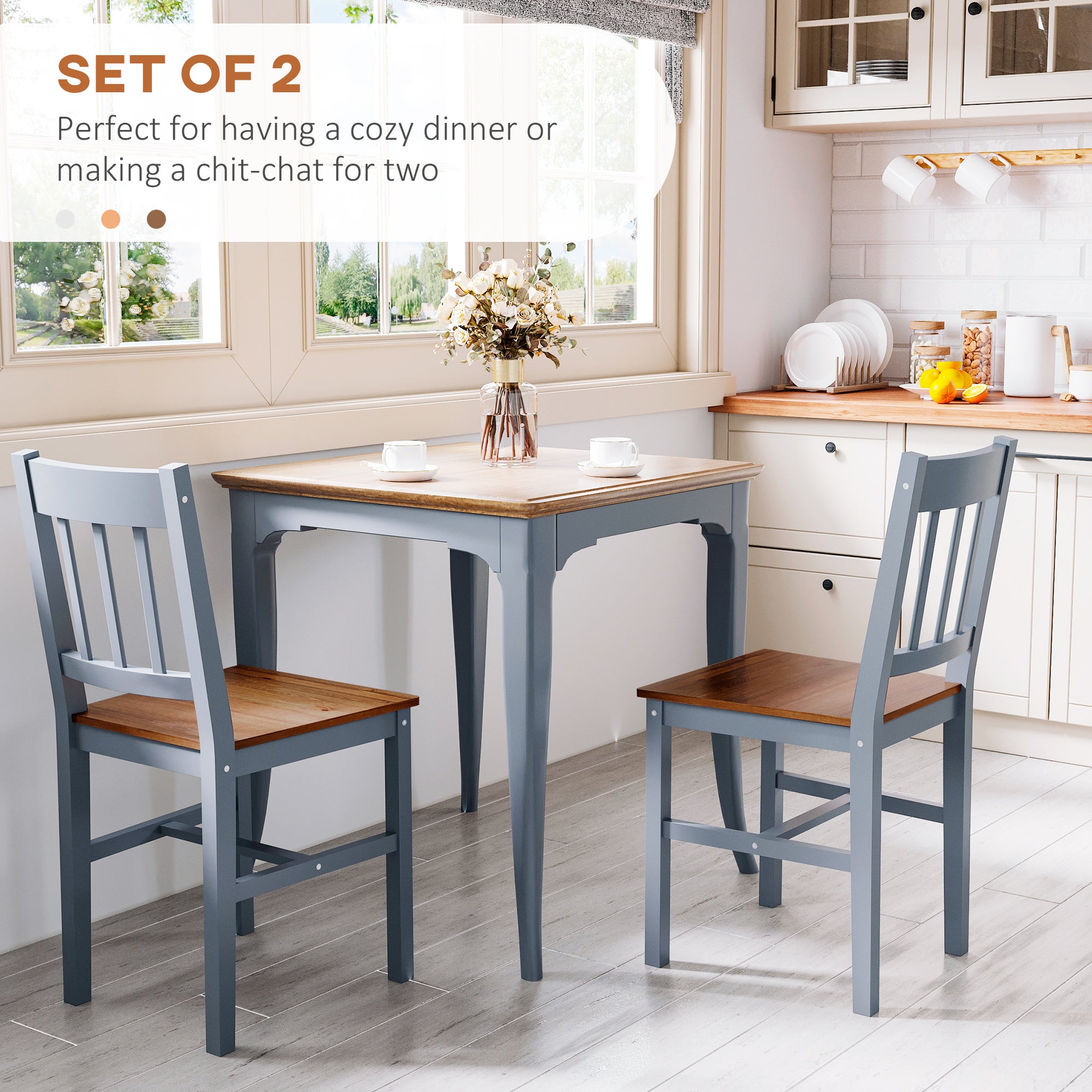 HOMCOM Dining Chairs Set of 2, Kitchen Chair with Slat Back, Pine Wood Structure for Living Room and Dining Room, Grey - North Peak Garden Furniture
