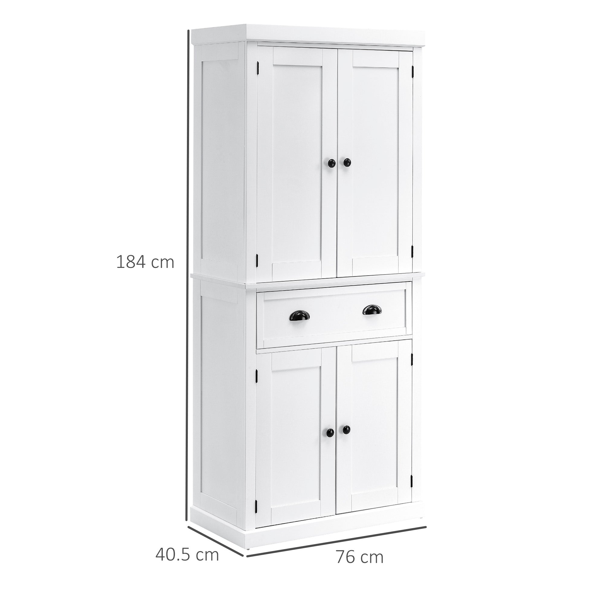 HOMCOM Freestanding Kitchen Cupboard, 184cm Tall Storage Cabinet with Doors and Shelves, Traditional Colonial 4-Door Kitchen Pantry Cupboard with Drawer, White - North Peak Garden Furniture