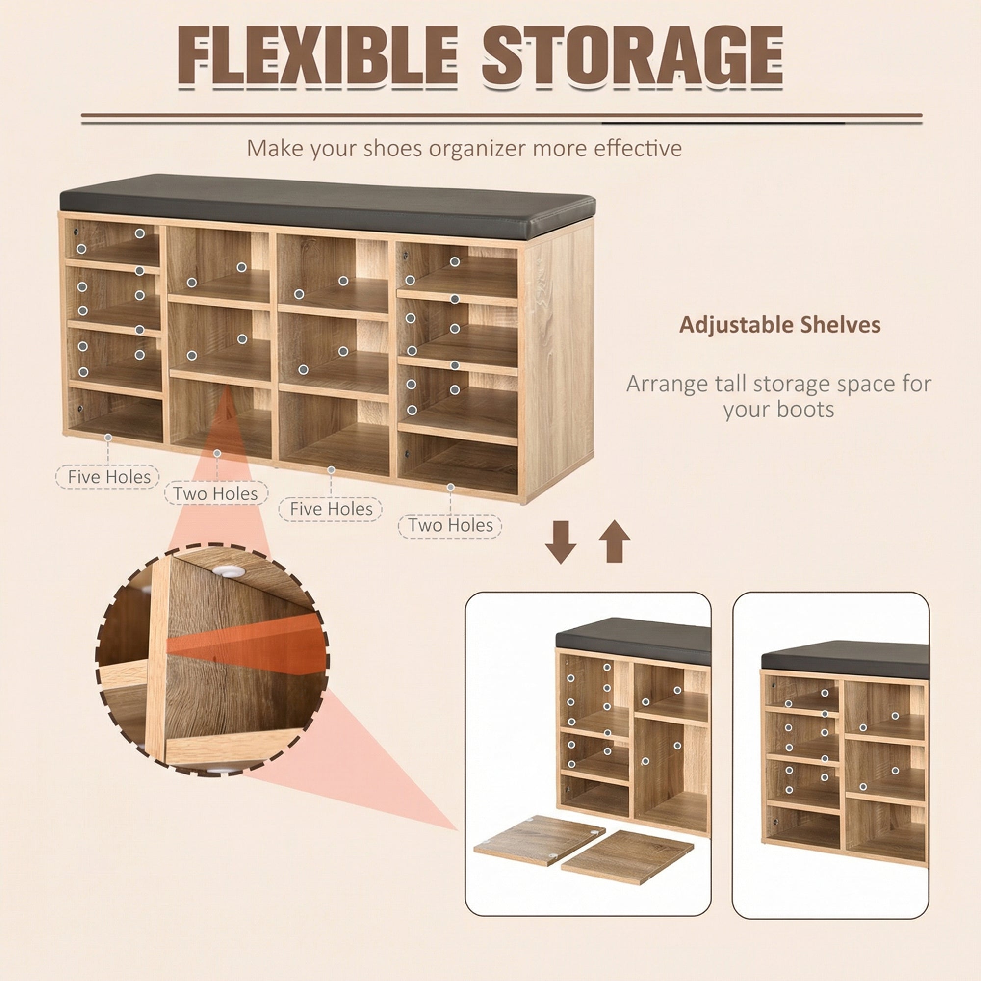 HOMCOM Multi-Storage Shoe Rack w/ 14 Compartments Cushion Moving Shelves Solid Frame Foot Pads Home Office Tidy Organisation Boots Trainers Brown