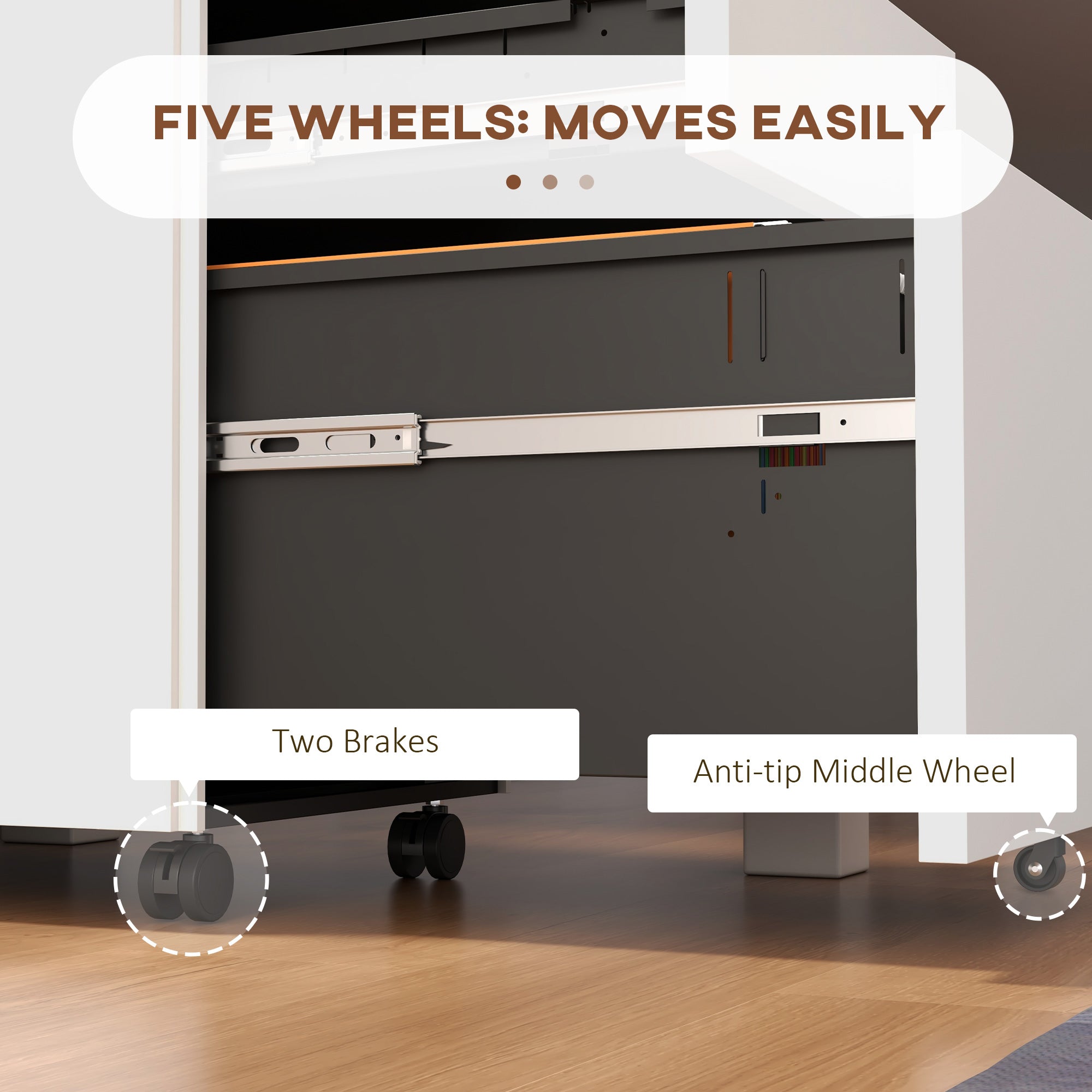 Vinsetto 3-Drawer Vertical Filing Cabinet with Pencil Tray, Lock and 5 Wheels, Steel Mobile File Cabinet, for A4, Legal and Letter Size, Pre-Assembled Body, White - North Peak Garden Furniture