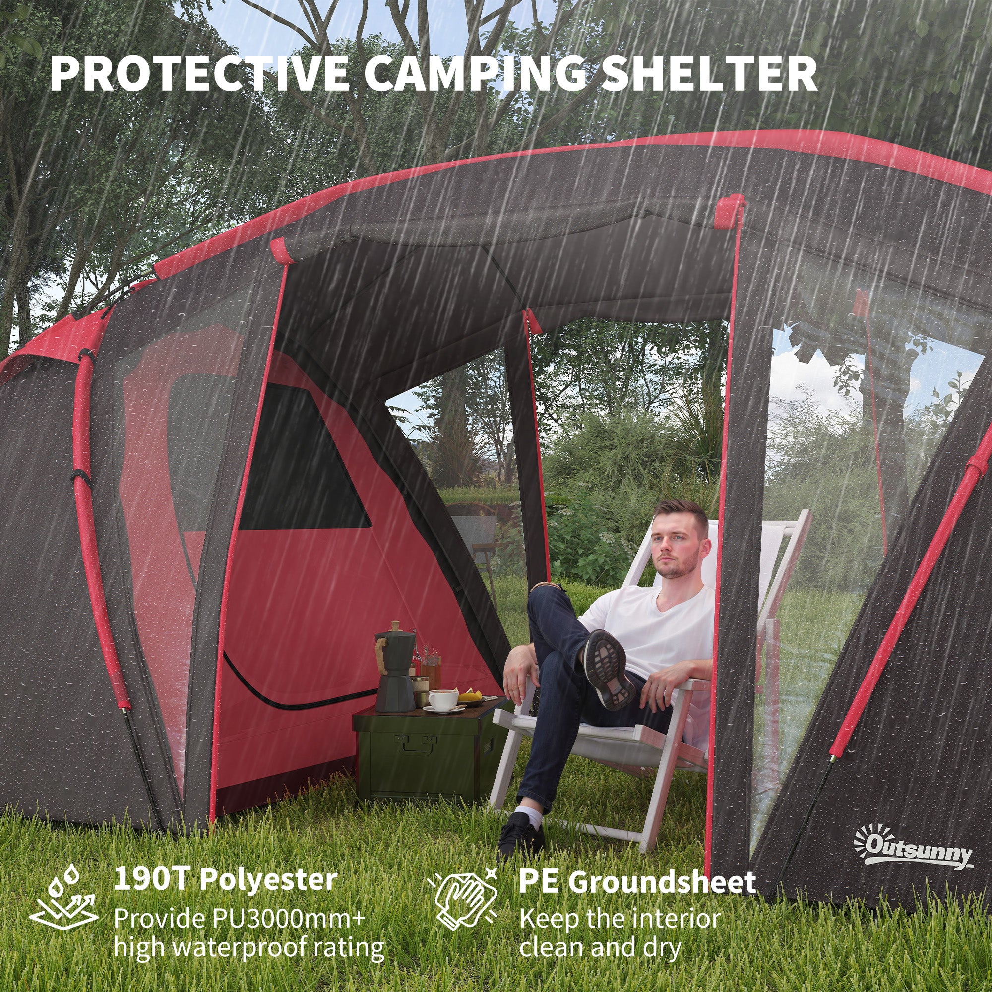 Outsunny 4-6 Man Family Camping Tent w/ 2 Bedrooms and a Living Room, Waterproof Tunnel Tent w/ Sewn In Groundsheet, Doors, Windows, Carry Bag, Grey - North Peak Garden Furniture