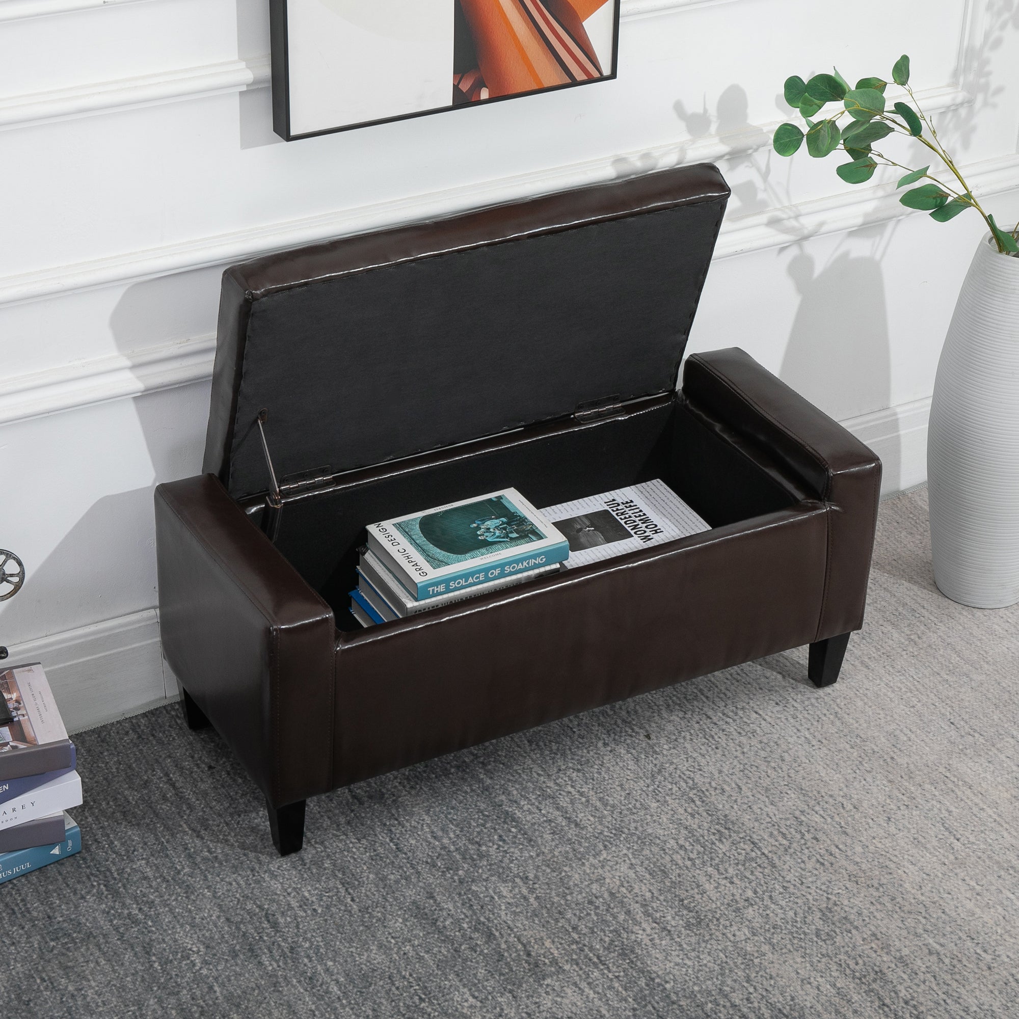 HOMCOM PU Leather Storage Ottoman Bench Storage Chest Tufted Ottoman Cube w/ Flipping Top 92L x 40W x 40H cm Brown - North Peak Garden Furniture
