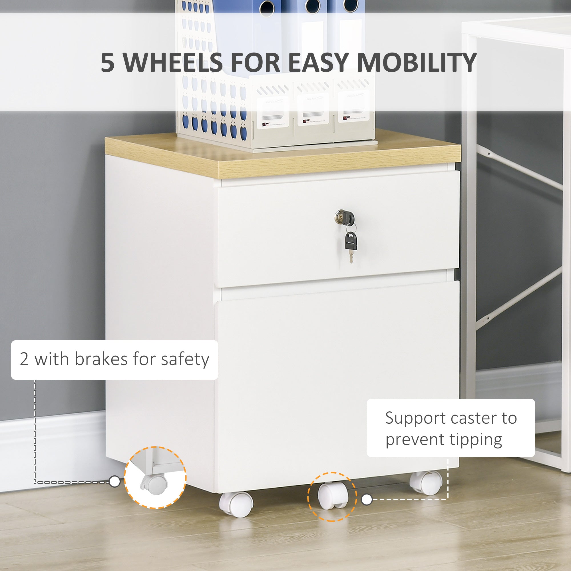 Vinsetto 2-Drawer Filing Cabinet with Lock, Mobile File Cabinet with Hanging Bars for Legal Size and Wheels, Home Office Study, White