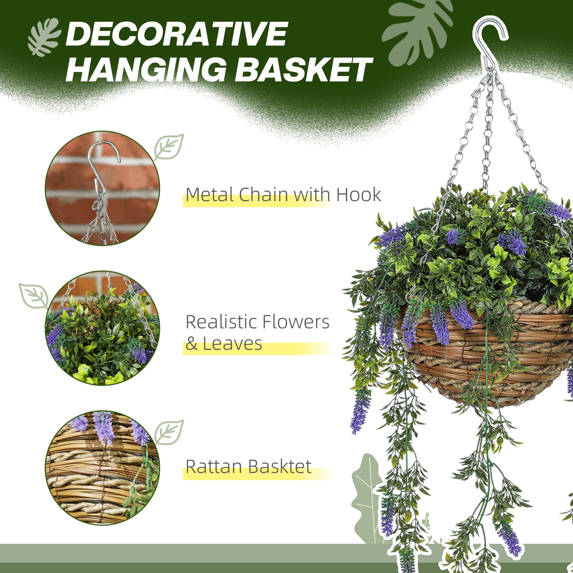 HOMCOM Set of 2 Decorative Artificial Plants, Faux Silk Lavender Flowers in Hanging Baskets, Fake Plants for Home Indoor Outdoor Decor, Purple - North Peak Garden Furniture