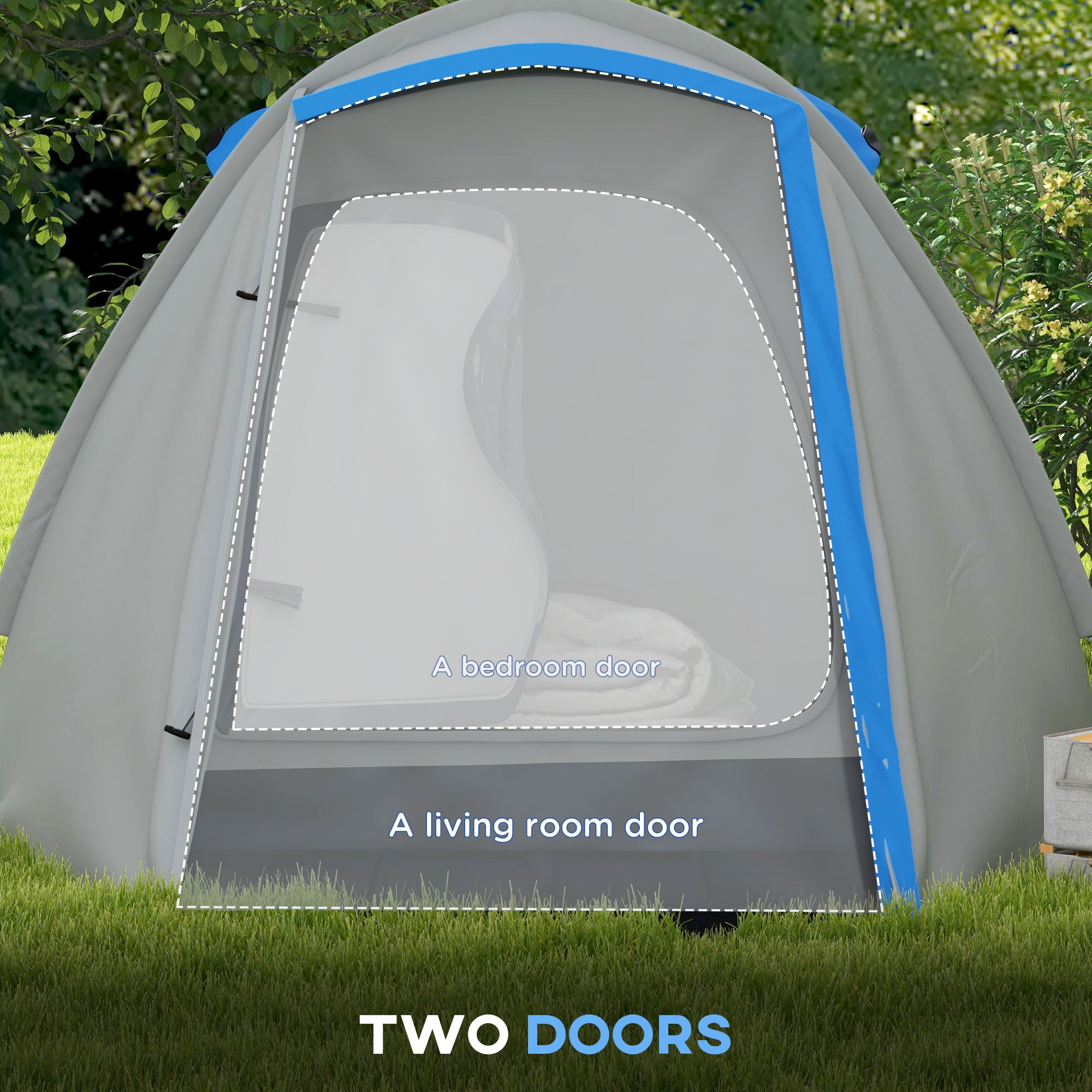 Outsunny Two-Man Dome Tent, with Front Porch and Accessories - Blue/Grey - North Peak Garden Furniture