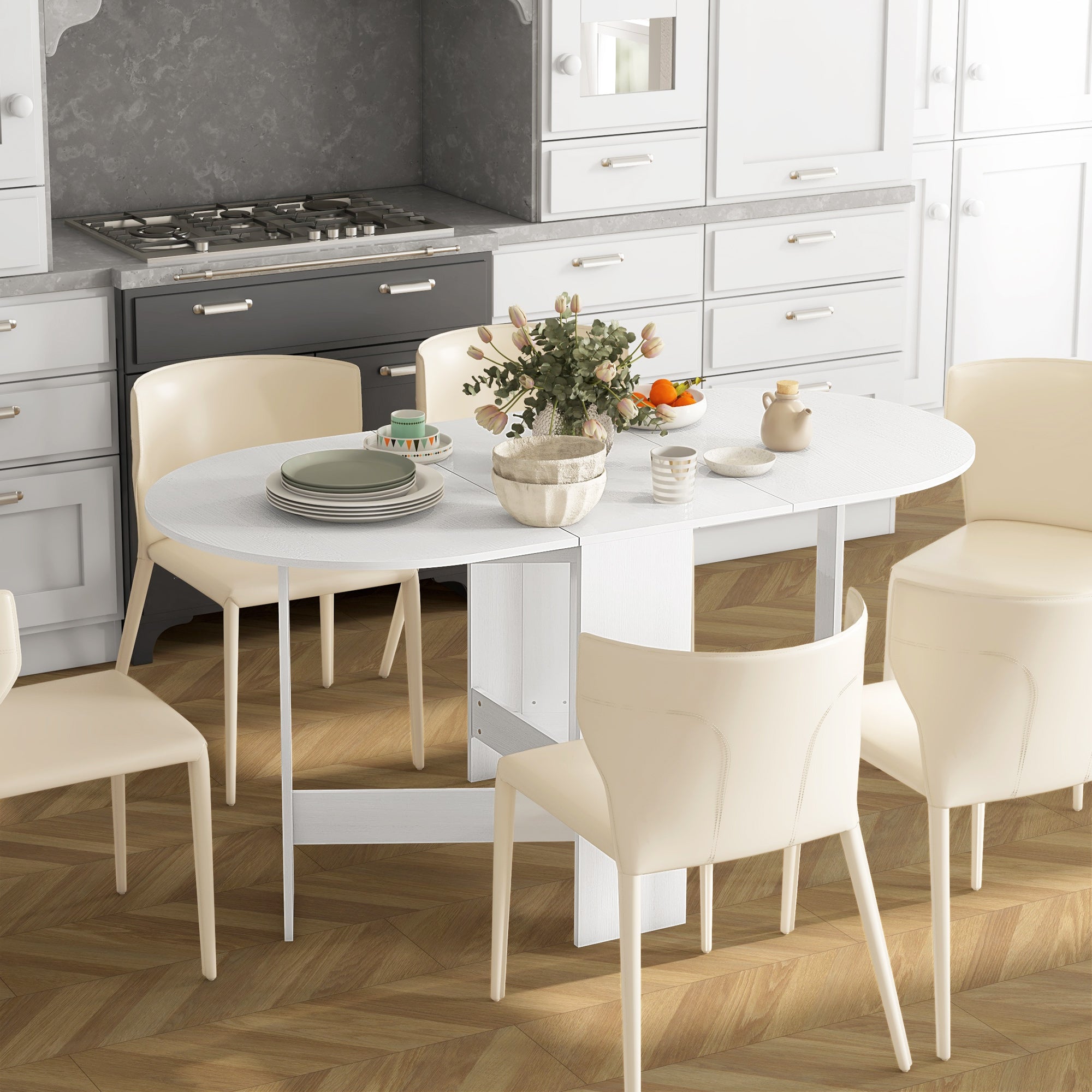 HOMCOM Folding Dining Table, Drop Leaf Table for Small Spaces, Oval Tabletop for Dining Room, Ash Wood-Effect - North Peak Garden Furniture