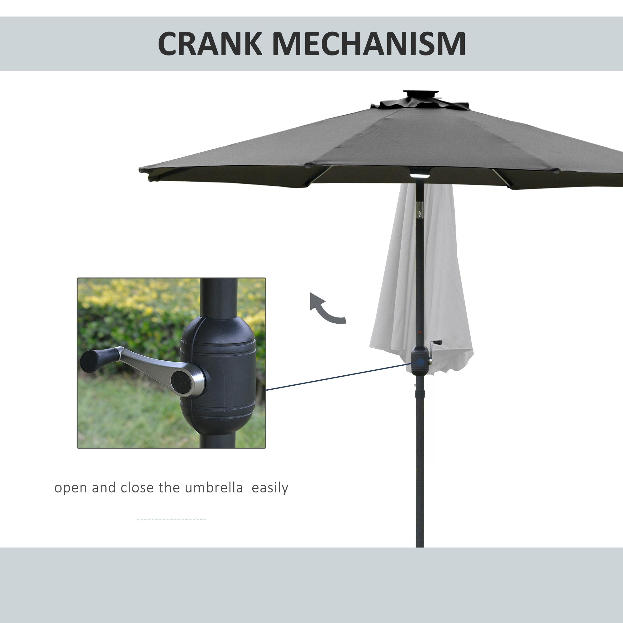 Outsunny 2.7m Garden Parasol Sun Umbrella w/ LED Solar Light Angled Canopy Grey - North Peak Garden Furniture