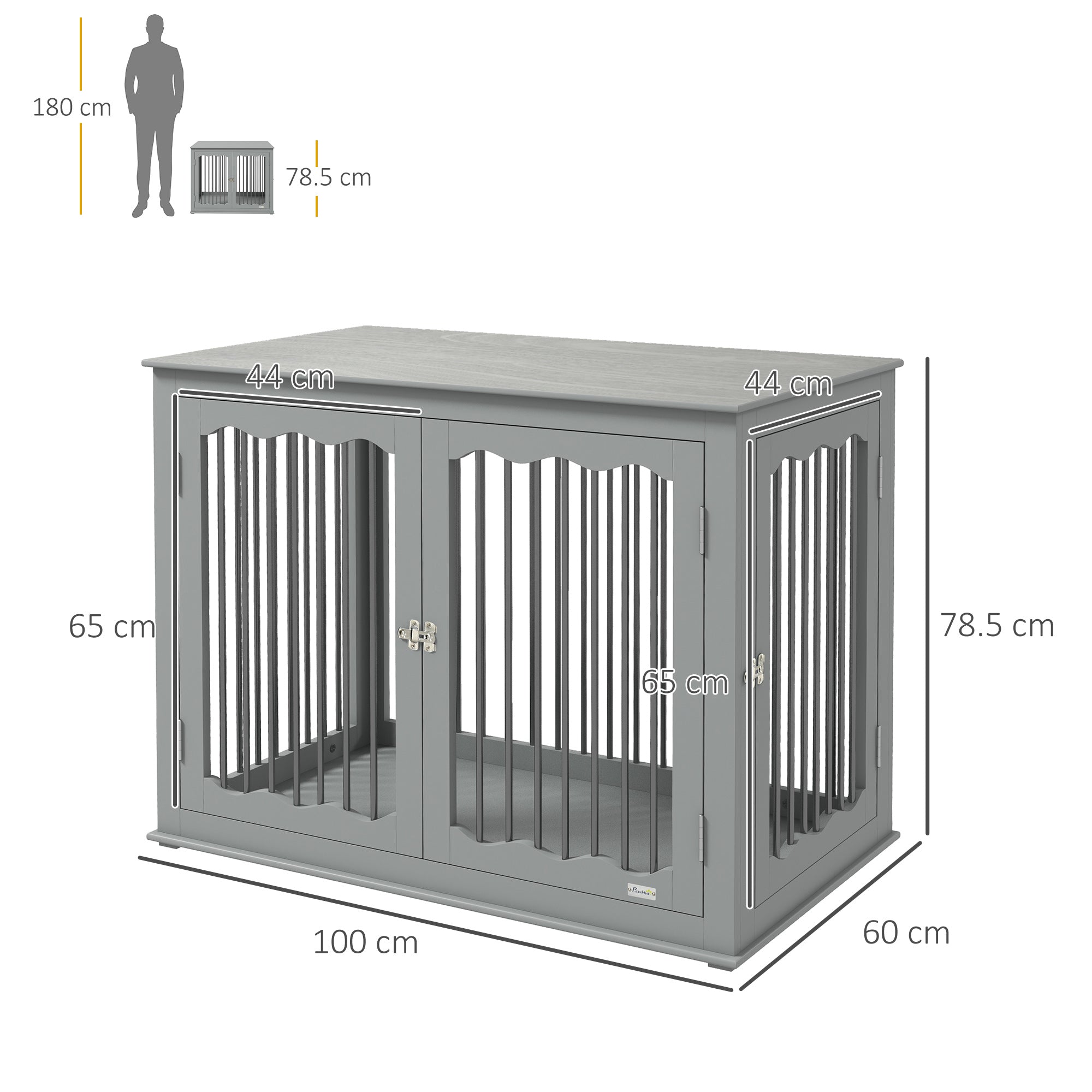 PawHut Dog Crate, End Table, with Three Doors, Locks, Latches for Large Dogs, Indoor Use - Grey