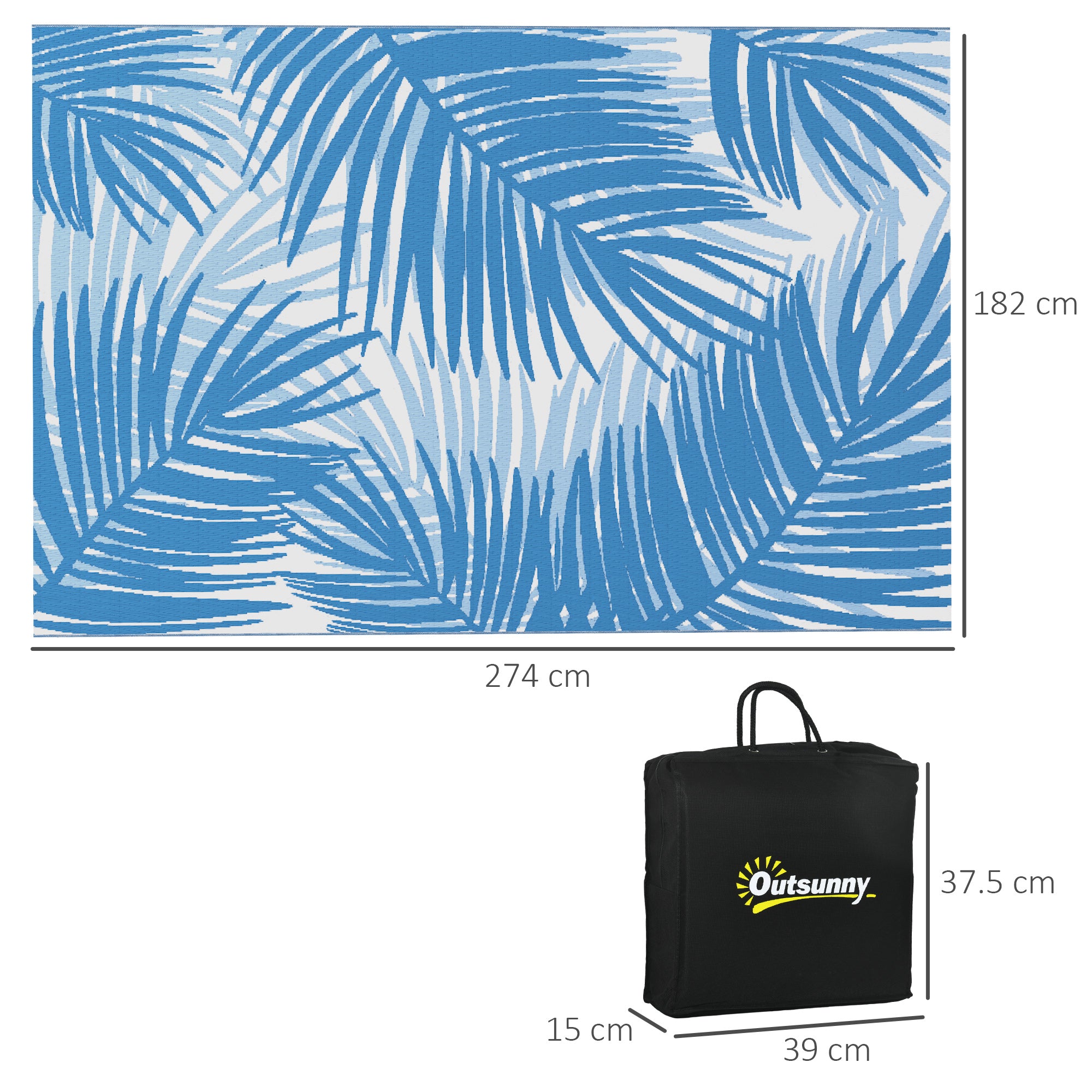 Outsunny Plastic Straw Reversible RV Outdoor Rug with Carry Bag, 182 x 274cm, Blue and Cream - North Peak Garden Furniture