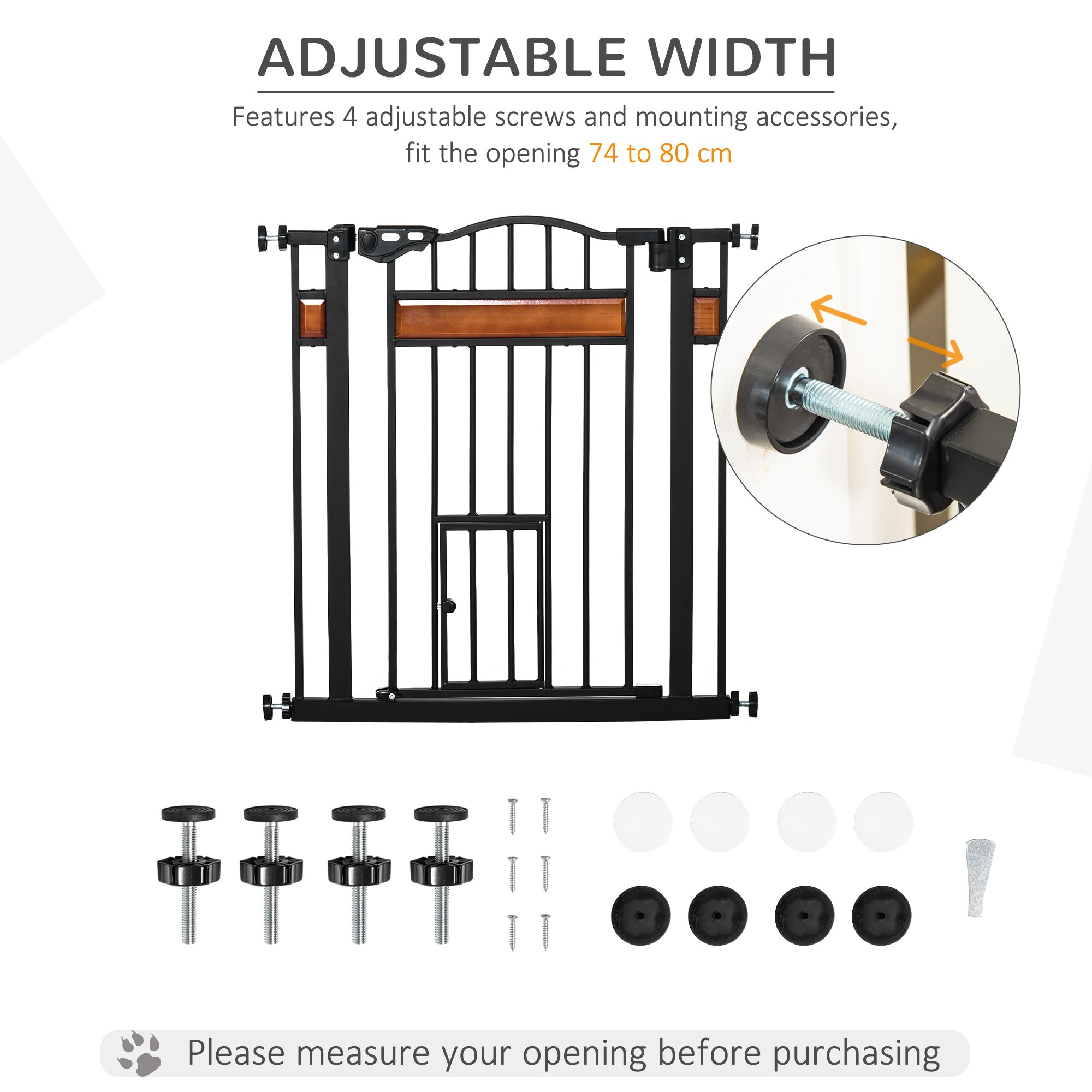 PawHut Pet Gate Safety Gate, with Cat Flap, Auto Close, for Staircases, Doorways, Hallways, 74-80cm Wide - Black - North Peak Garden Furniture
