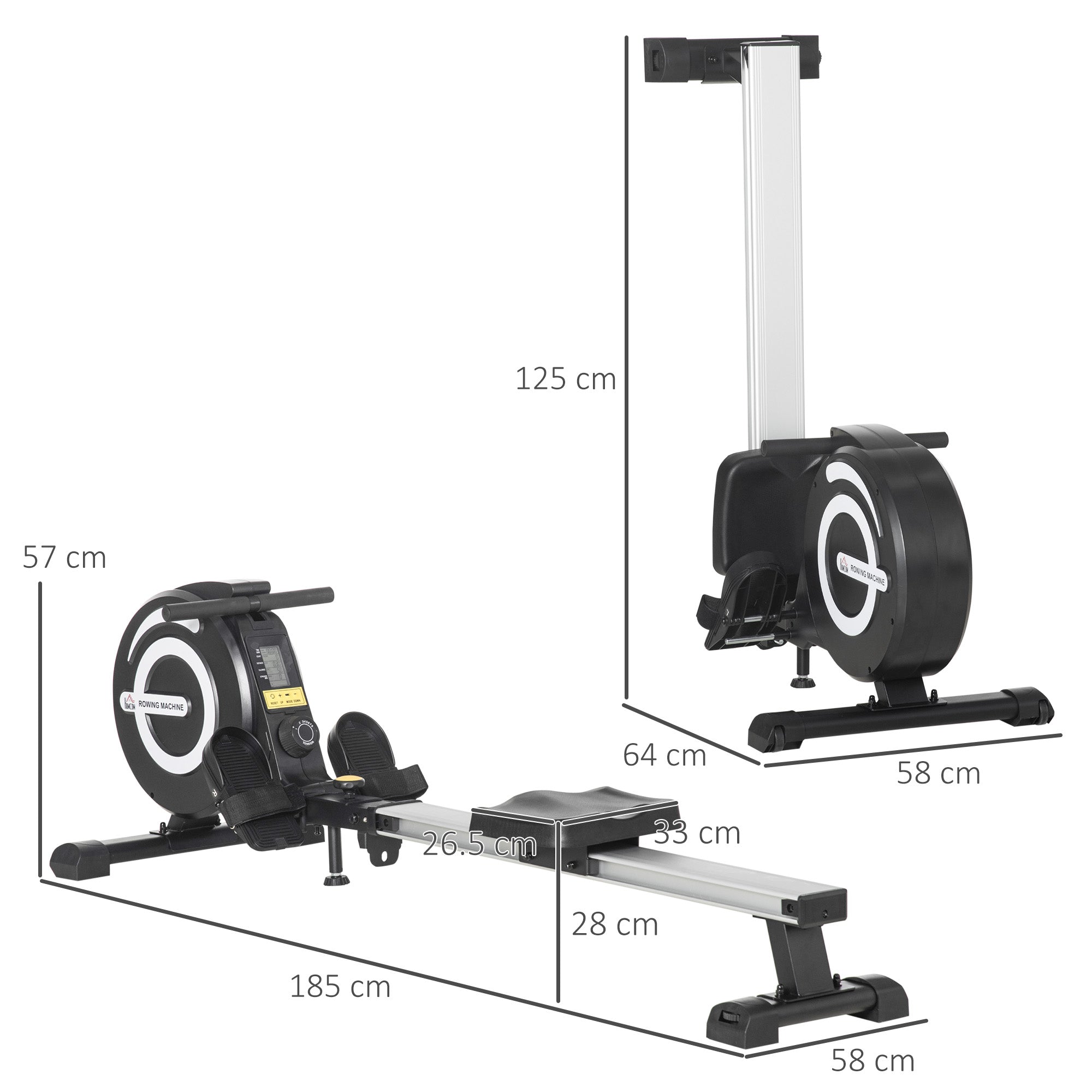 HOMCOM Indoor Body Health & Fitness Adjustable Magnetic Rowing Machine Rower with LCD Digital Monitor & Wheels for Home, Office, Gym - North Peak Garden Furniture