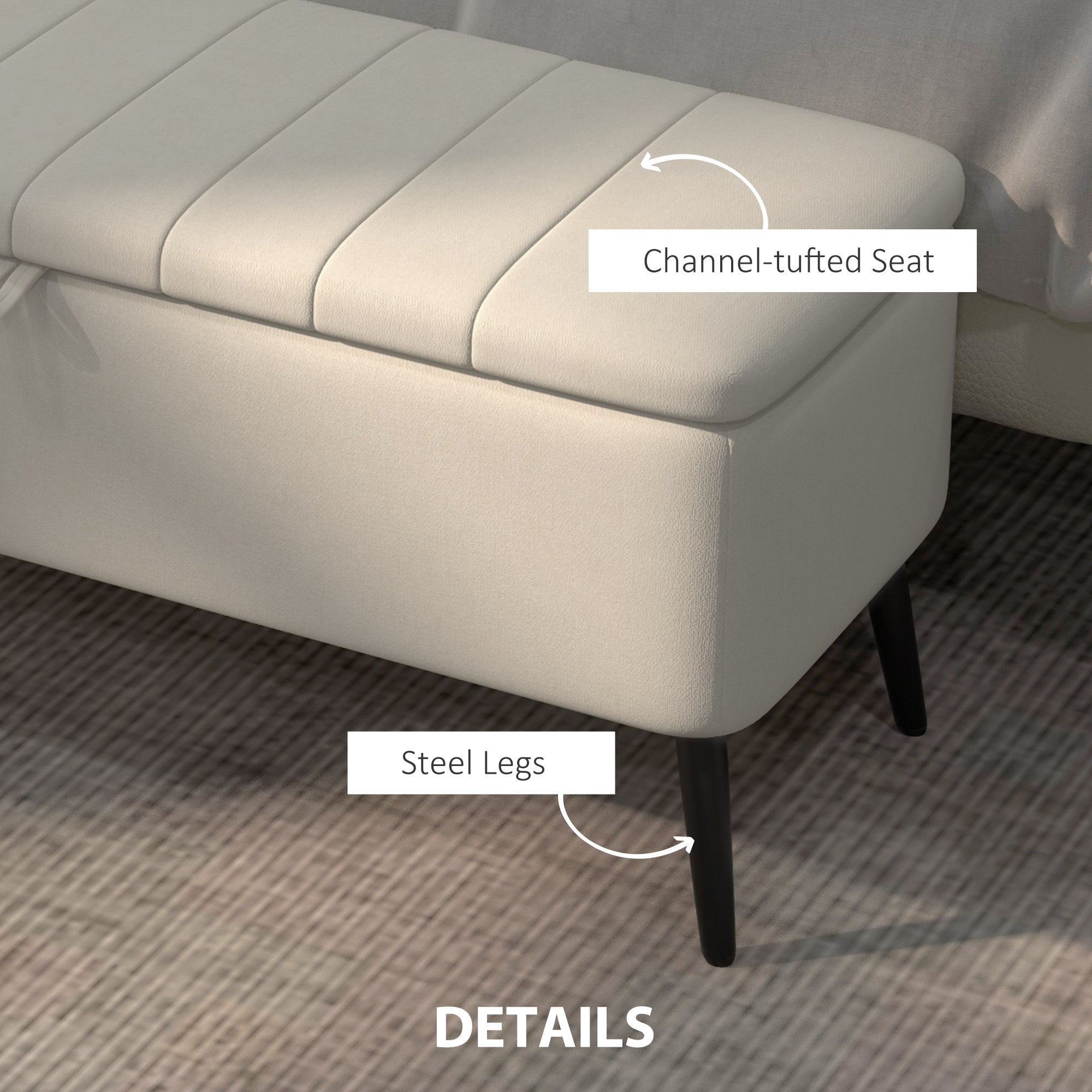 HOMCOM Linen-Look 92 x 31cm Storage Ottoman - Cream White - North Peak Garden Furniture