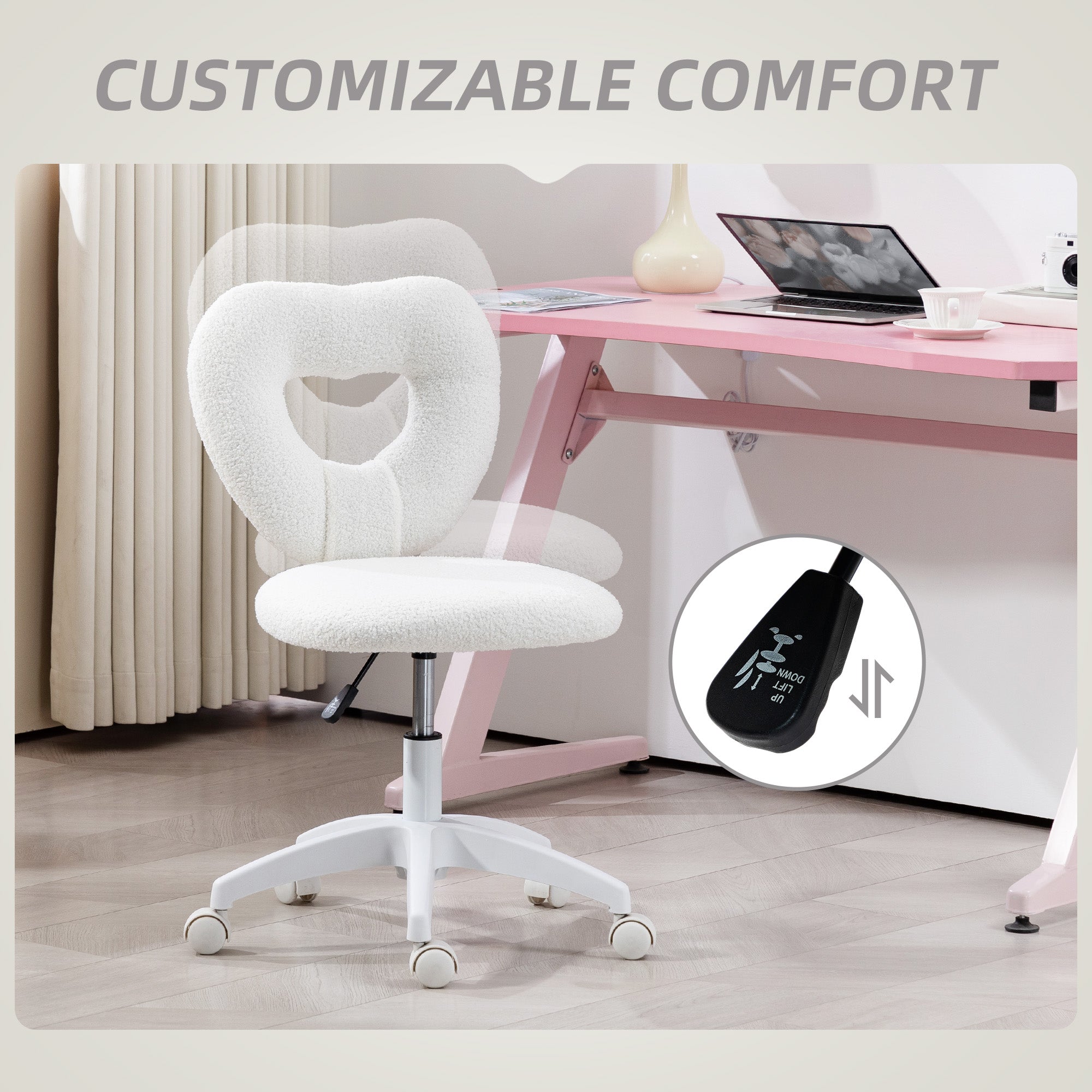 HOMCOM Armless Heart Computer Desk Chair, Teddy Fleece Swivel Office Chair, Makeup Vanity Chair with Height Adjustable, Wheels, for Home Study Bedroom, White - North Peak Garden Furniture
