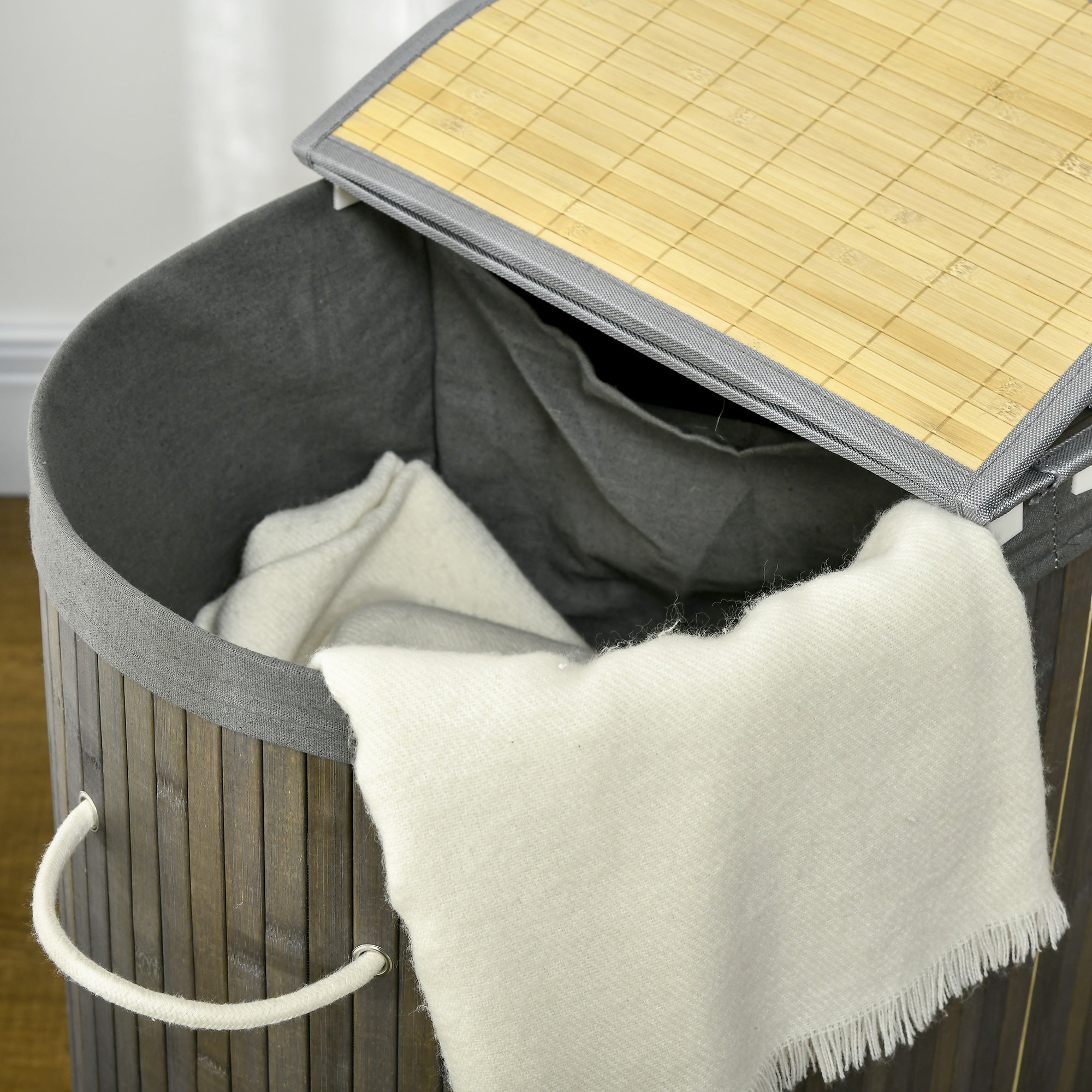 HOMCOM Bamboo Laundry Basket with Lid, 100 Litres Laundry Hamper with 2 Sections, Removable Washable Lining, Washing Baskets, 62.5 x 37 x 60.5cm, Grey - North Peak Garden Furniture