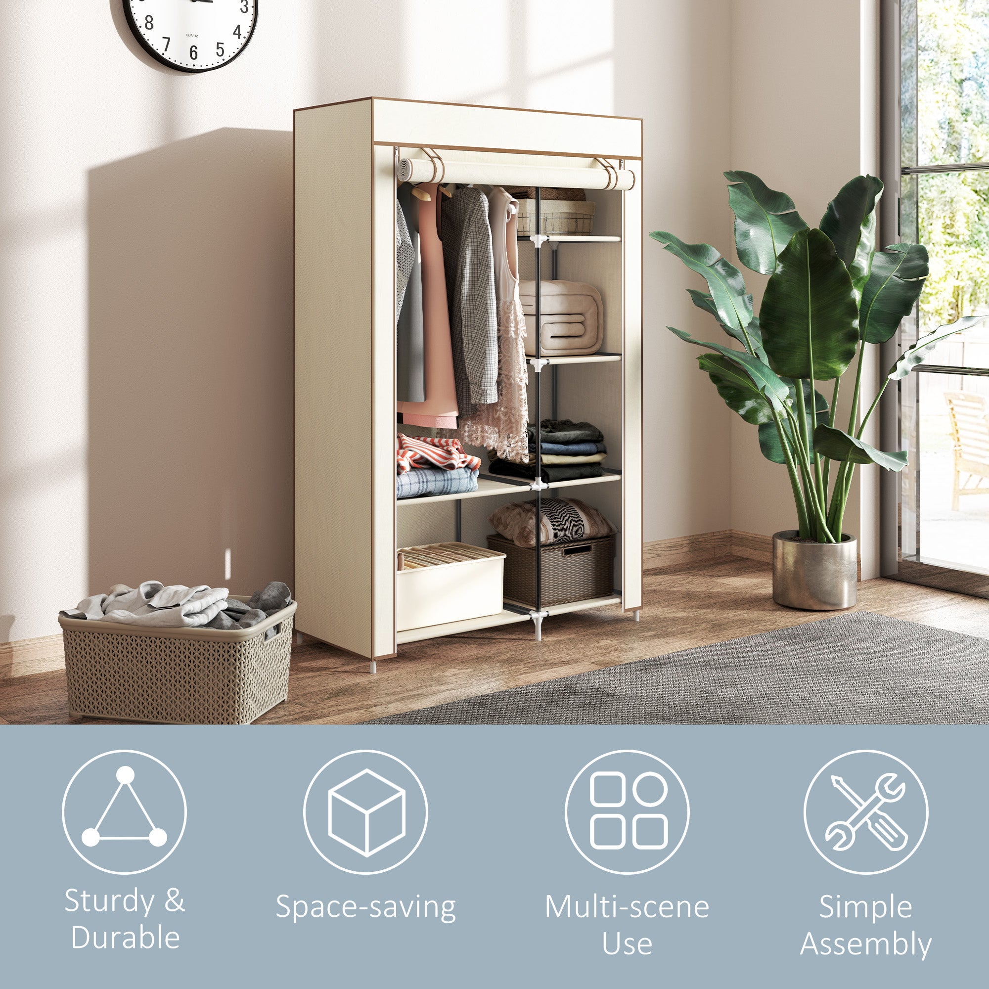 HOMCOM Fabric Wardrobe, Portable Wardrobe with 6 Shelves, 1 Hanging Rail, Foldable Closets, 103 x 43 x 162.5 cm, Cream White - North Peak Garden Furniture