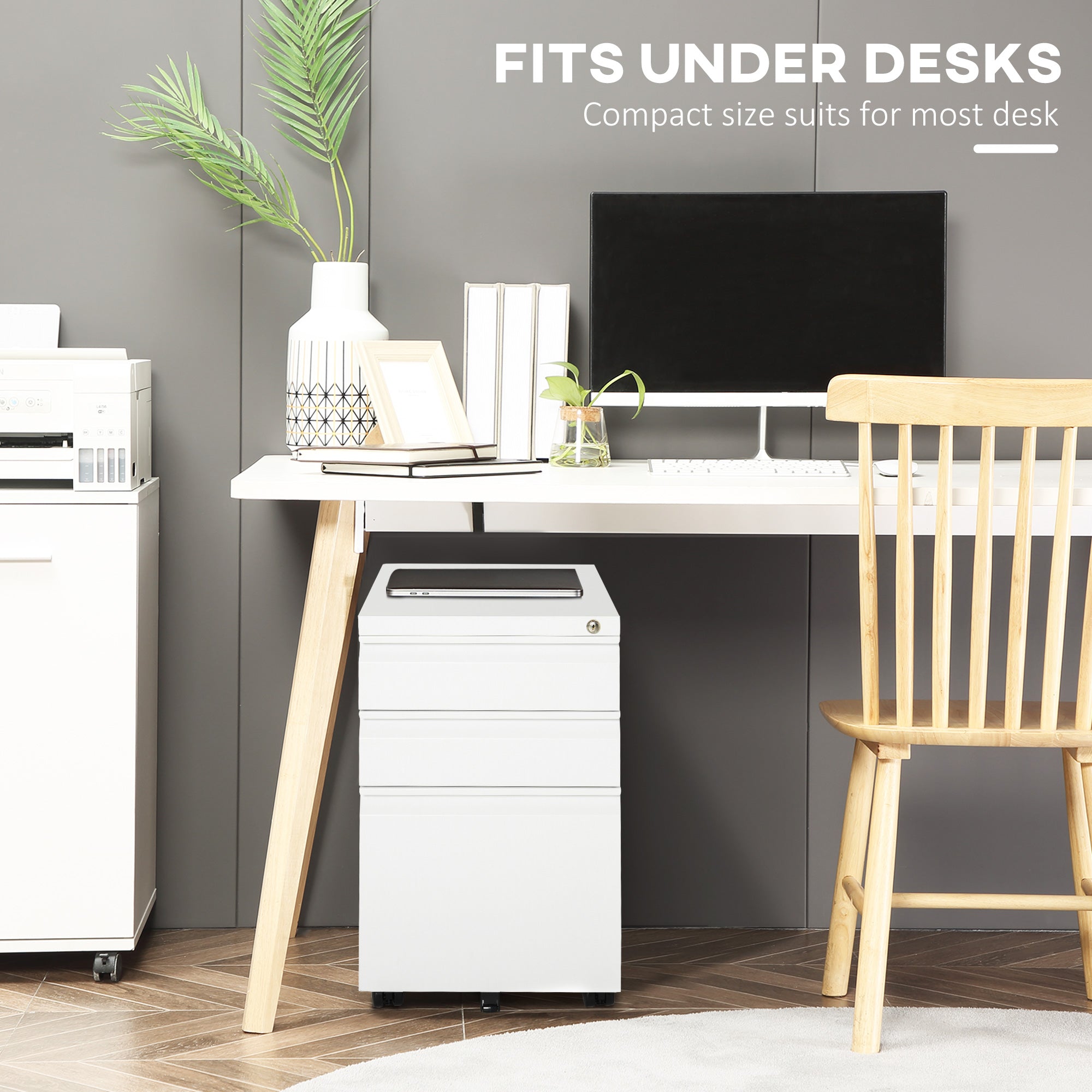 Vinsetto 3 Drawer Filling Cabinet, Mobile Metal File Cabinet with Anti-tilt Design for Letter, A4, Legal Size, White - North Peak Garden Furniture