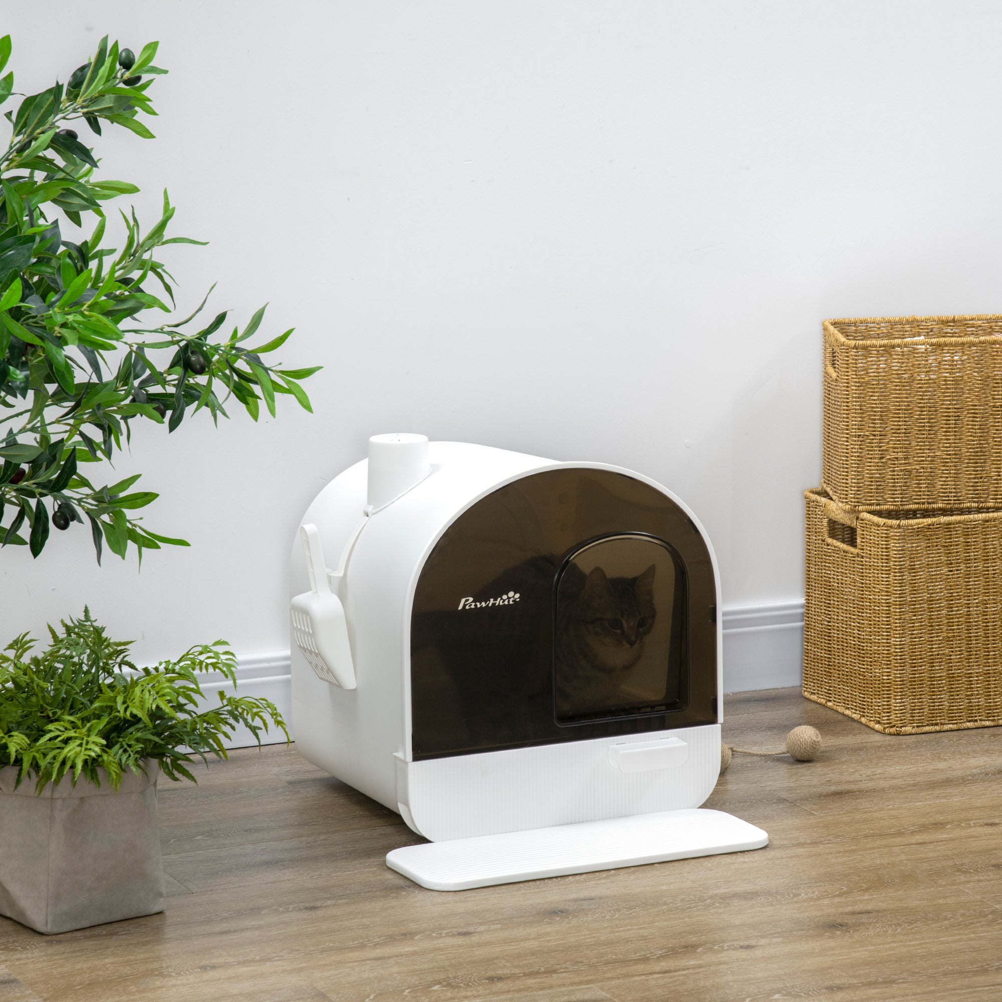 PawHut Hooded Cat Litter Box, Kitten Litter Tray, with Lid, Scoop, Filter, Flap Door - North Peak Garden Furniture