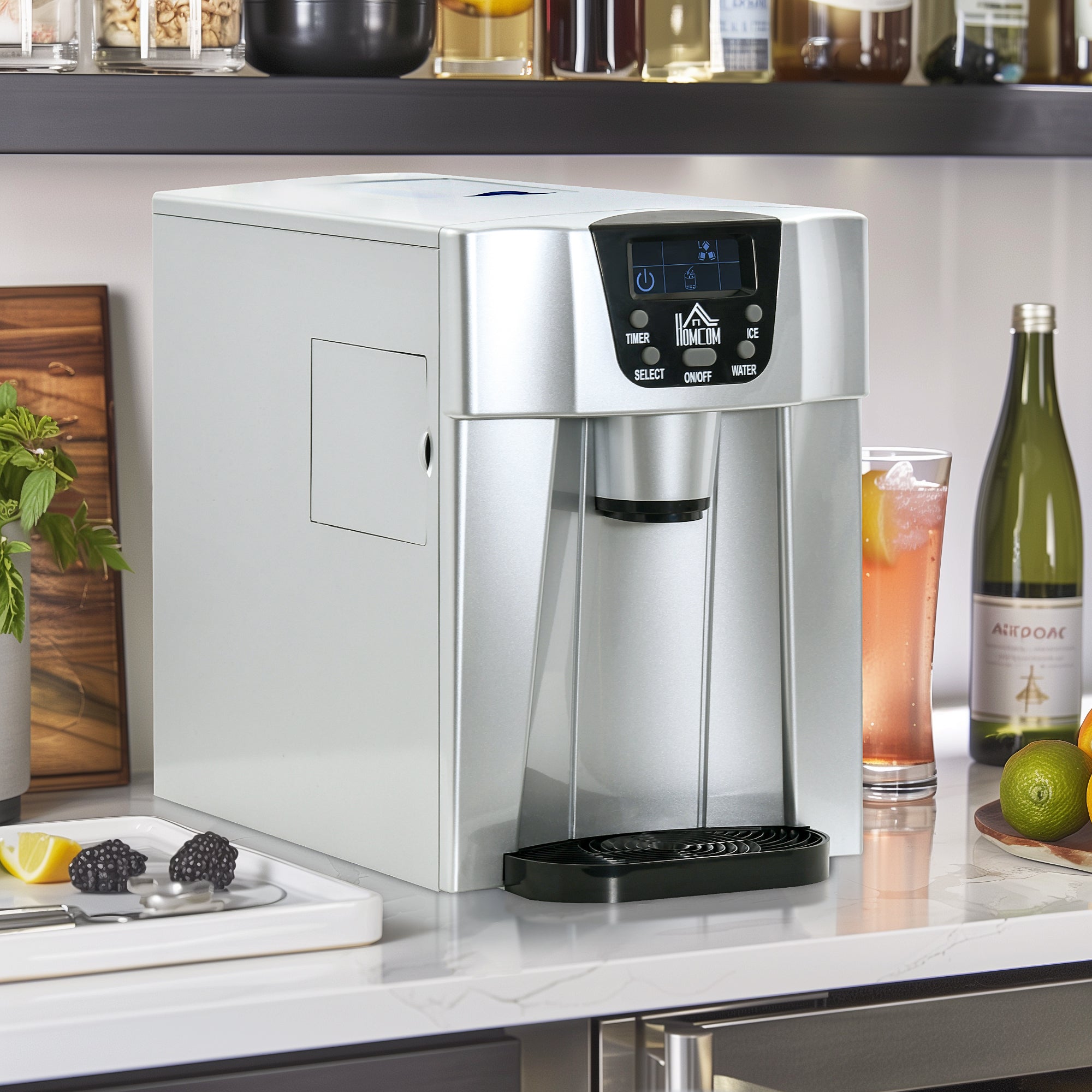HOMCOM Ice Maker Machine and Water Dispenser, Counter Top Ice Cube Maker for Home with 3L Tank, Adjustable Cube Size, 9 Ice Cubes per 6-10 Minutes, No Plumbing Required, Silver - North Peak Garden Furniture