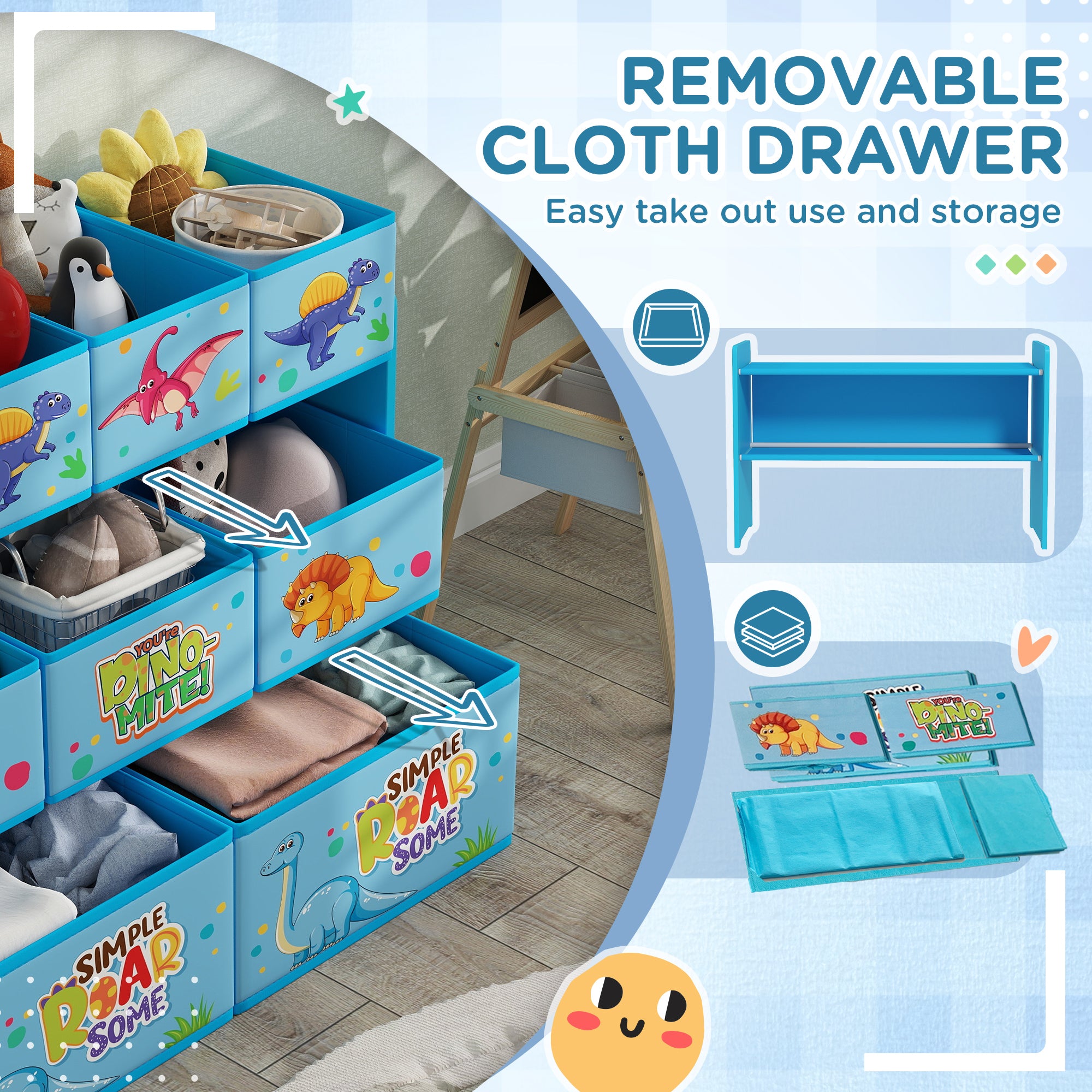 AIYAPLAY 3-Tier Kids Storage Unit with 9 Non-Woven Fabric Boxes for Toys, Books for Bedroom, Nursery, Blue - North Peak Garden Furniture