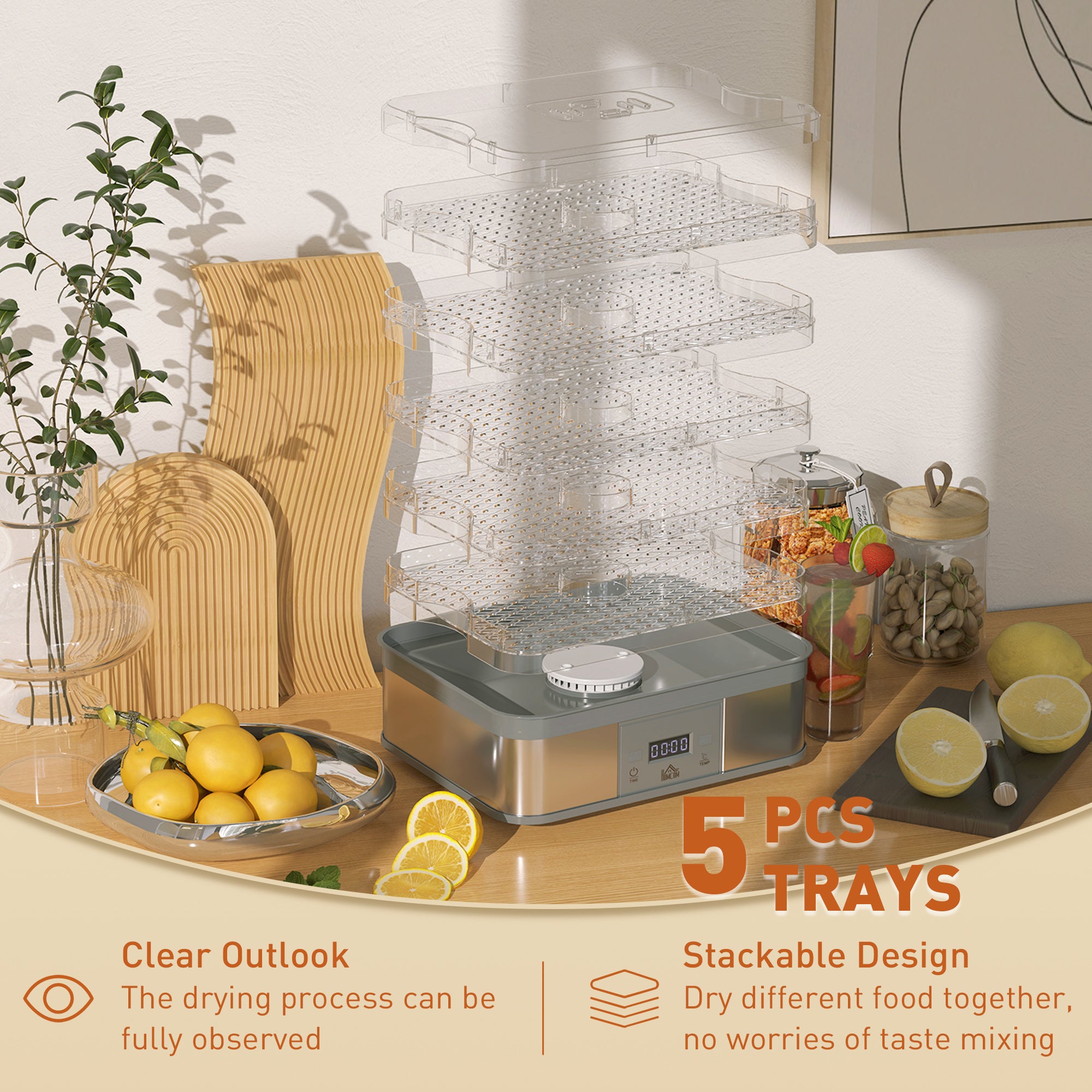 HOMCOM 5 Tier Food Dehydrator, 245W Stainless Steel Food Dryer Machine with Adjustable Temperature, Timer and LCD Display for Drying Fruit, Meat, Vegetable, Jerky and Pet Treat, Grey - North Peak Garden Furniture