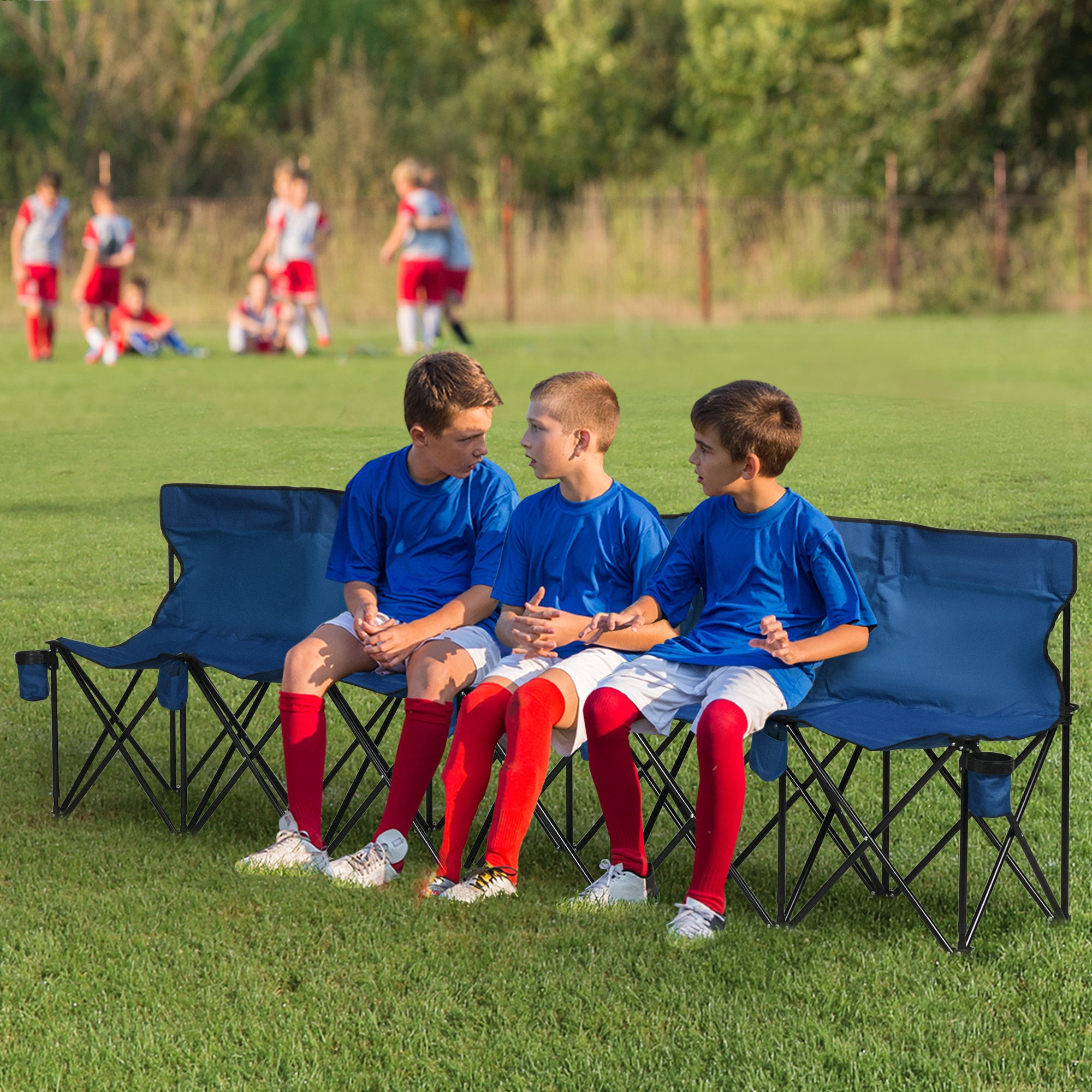 Outsunny 6 Seater Folding Bench, Outdoor Camping Chair Portable Sports Spectator Chair with Steel Frame, Cup Holder & Carry Bag, Blue - North Peak Garden Furniture
