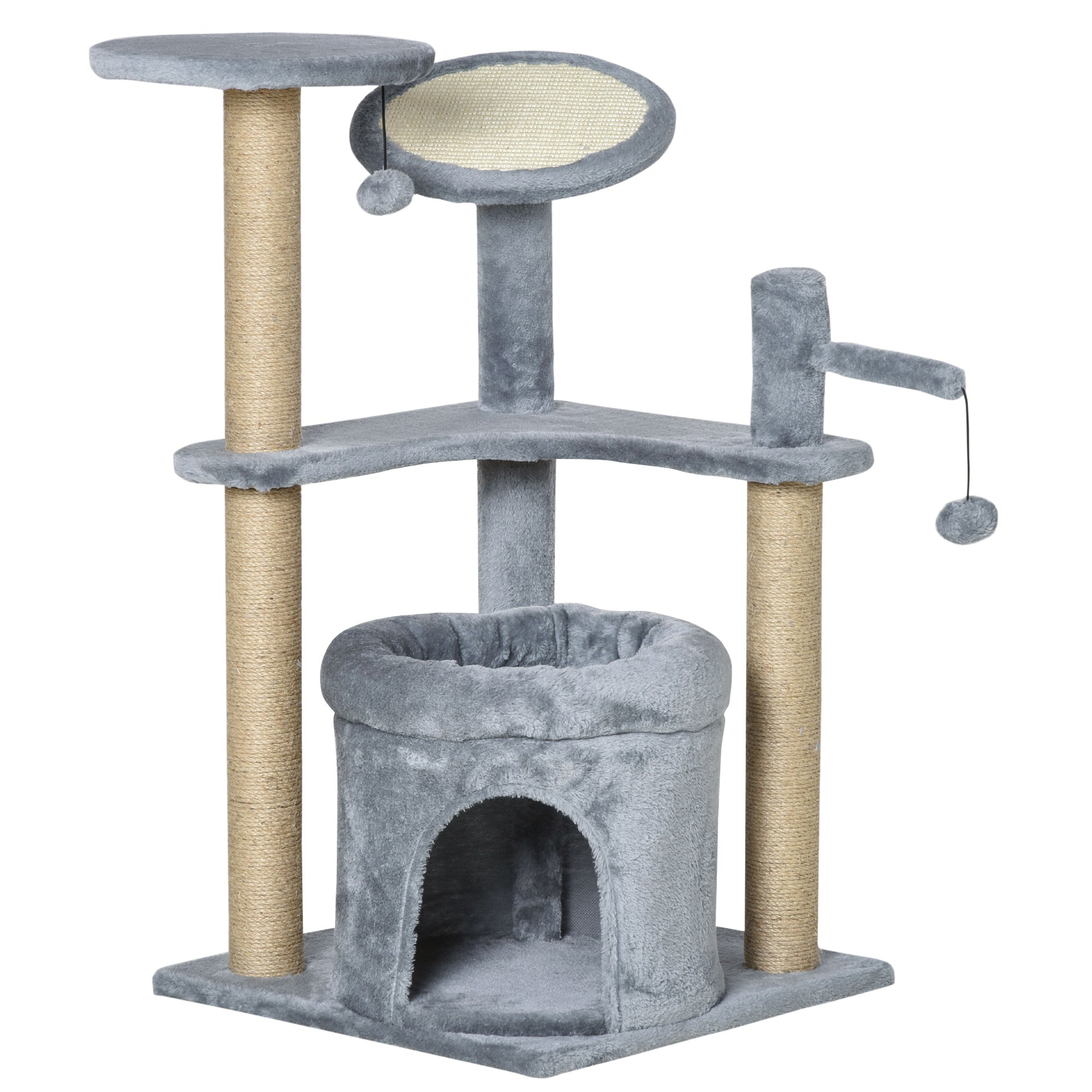 PawHut 87 cm Cat Tree for Indoor Cats, Kitten Tree Tower with Scratching Posts Pad, Cat Condo, Plush Perches, Hanging Ball - Grey