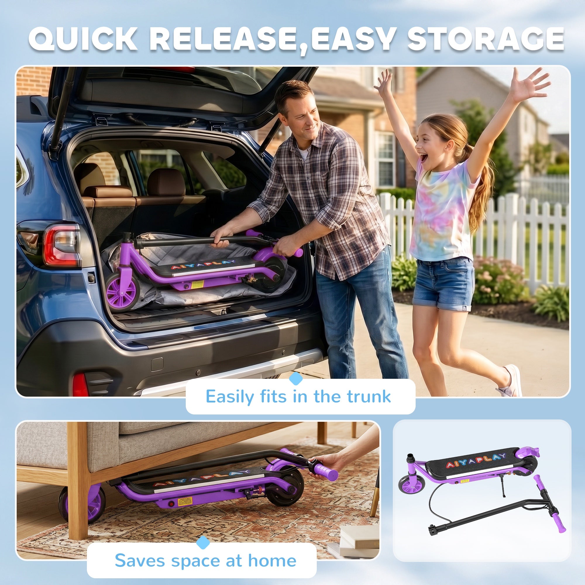 AIYAPLAY Electric Scooter for Kids Ages 6-14, with Dual Brakes, Flash Wheel and Colourful Light, Kids Electric Scooter E Scooter, Up to 12 KM/H & 10 KM, Purple