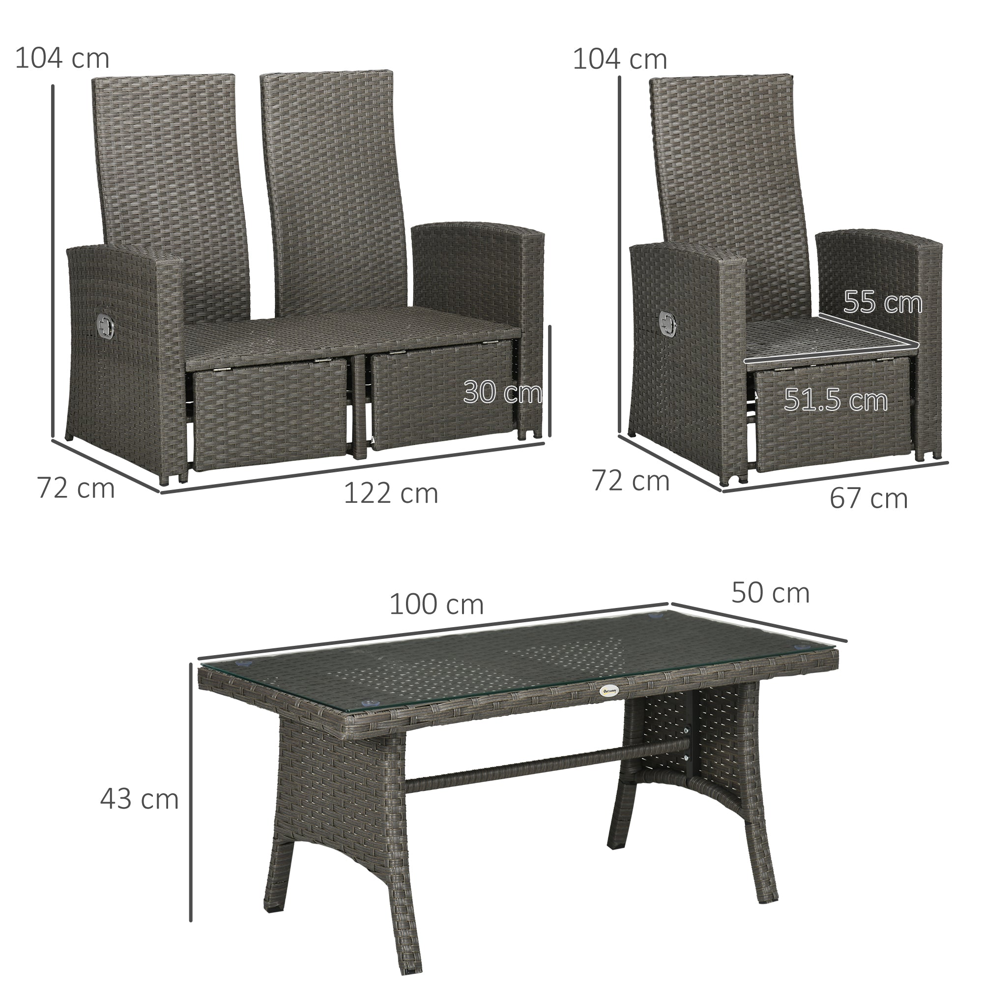 Outsunny 4 Piece Rattan Garden Furniture Sets, 4 Seater Outdoor Sofa Sectional with Wicker Sofa, Reclining Armchair and Glass Table for Yard, Poolside, Grey - North Peak Garden Furniture