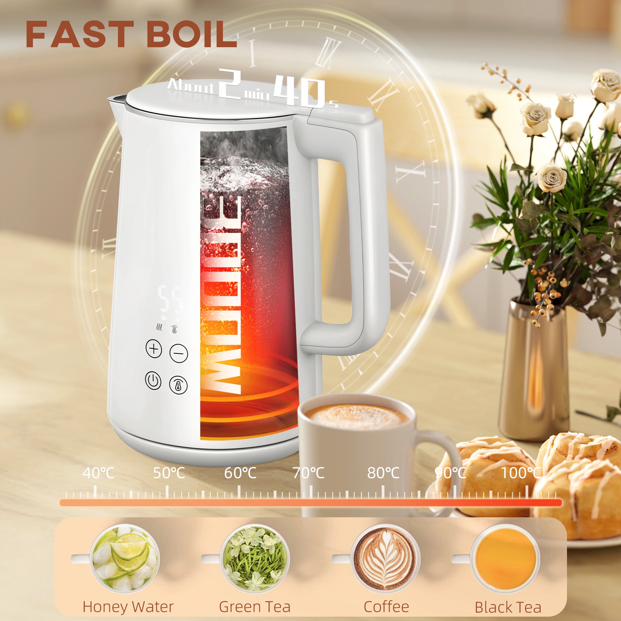 HOMCOM Kettle and Toaster Set, 1.5L 3000W Fast Boil Kettle with Insulation & 2 Slice Toaster Kitchen Set with 7 Level Browning Controls, Defrost, Reheat and Crumb Tray, Cream White - North Peak Garden Furniture