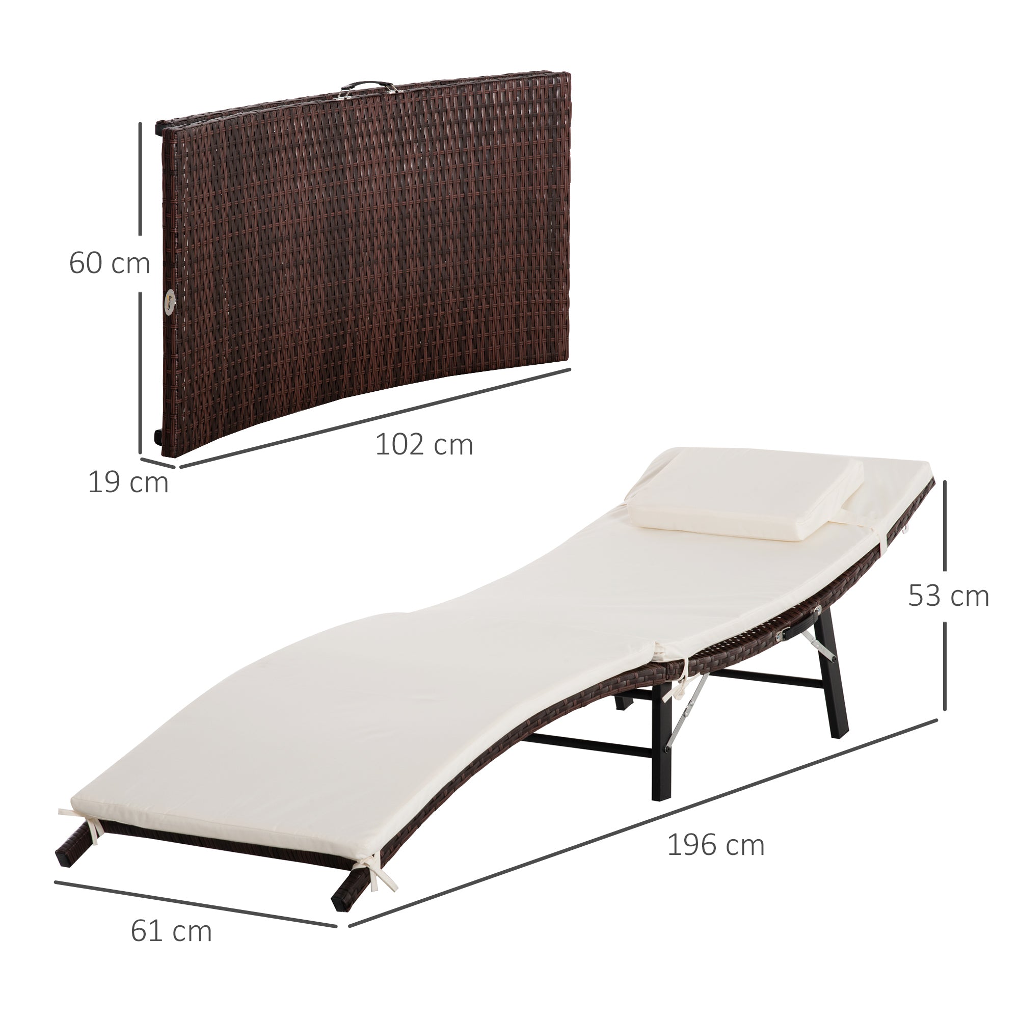 Outsunny Rattan Sun Lounger Recliner Bed, Garden Folding Reclining Chair, Wicker Weave Bed w/ Cushion and Pillow, Brown