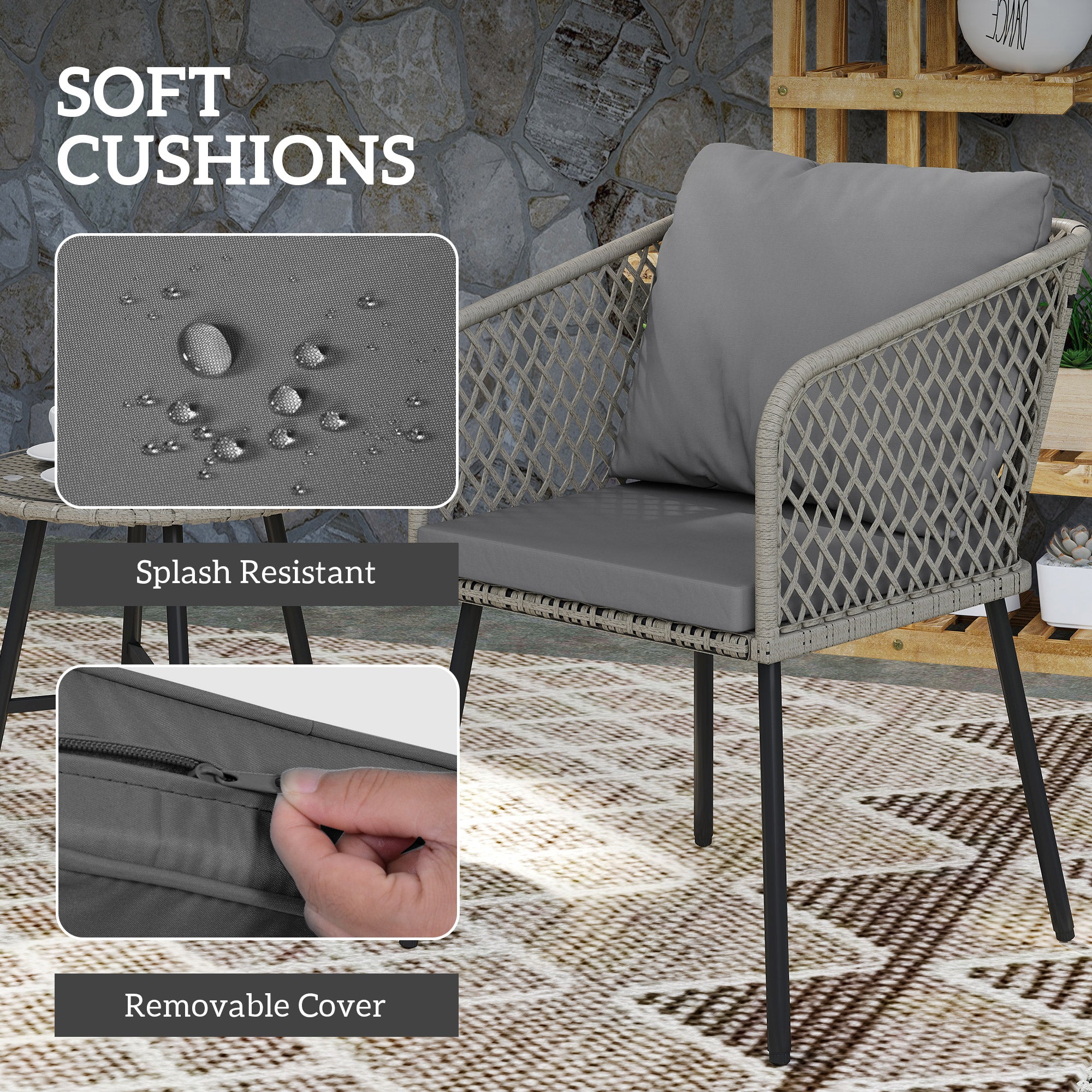 Outsunny Three-Piece Cut-Out Rattan Chair and Table Set - Grey - North Peak Garden Furniture