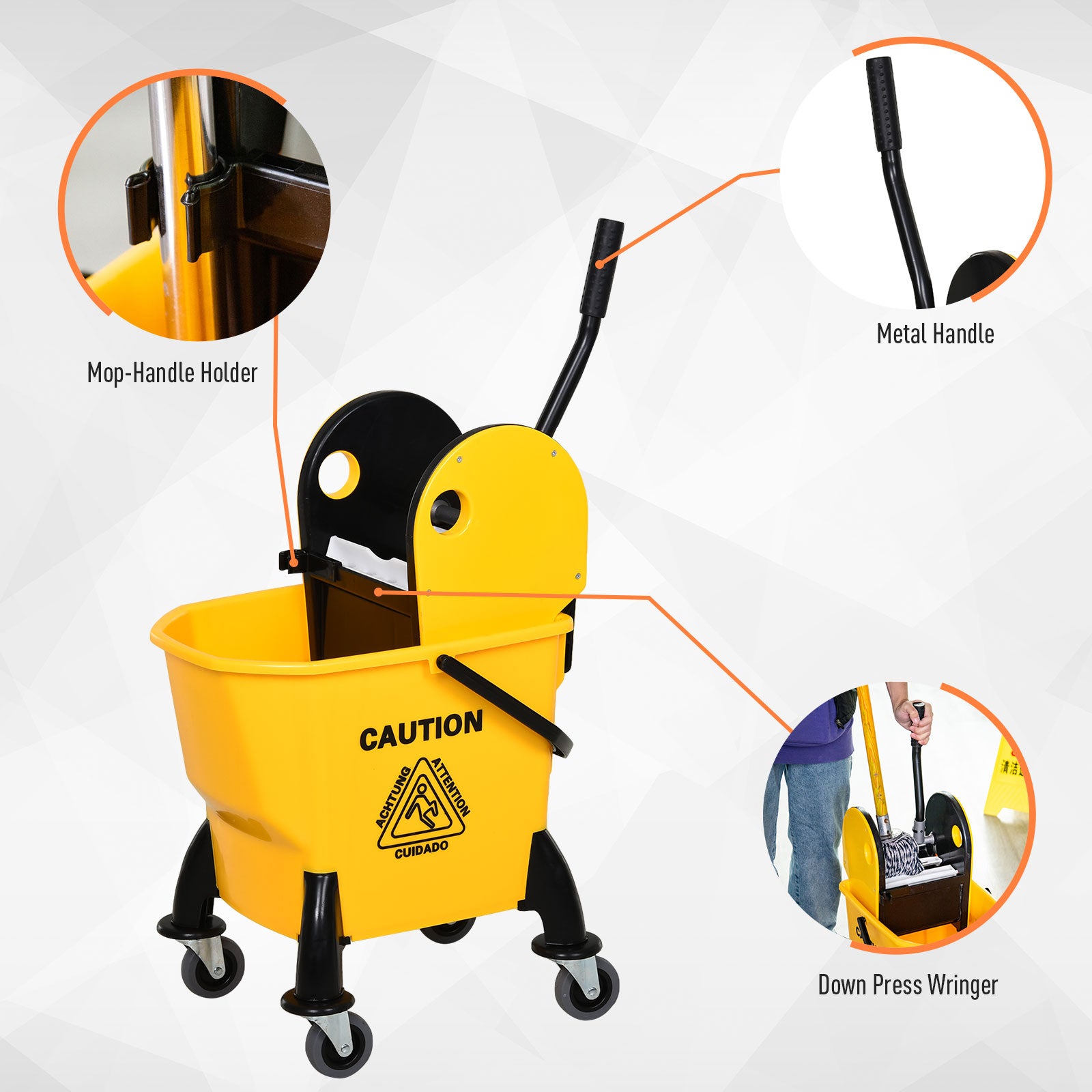 HOMCOM 26L Mop Bucket & Water Wringer w/ 4 Wheels Plastic Body Metal Handle Pole Holder Home Commercial Cleaning Floor Cart Yellow - North Peak Garden Furniture